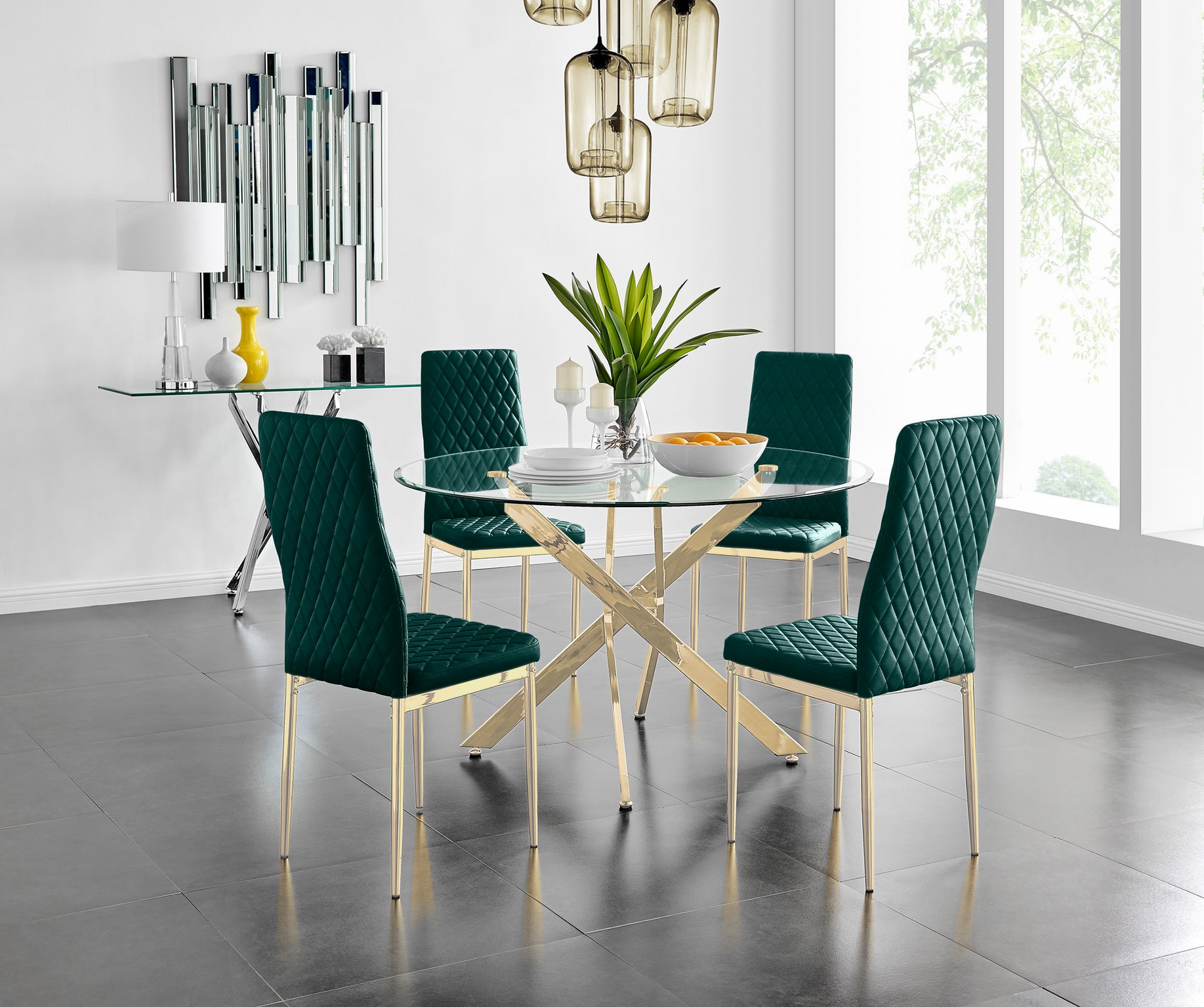Novara 120cm Gold Round Dining Table and 4 Velvet Milan Gold Leg Chairs - Picture 42 of 65