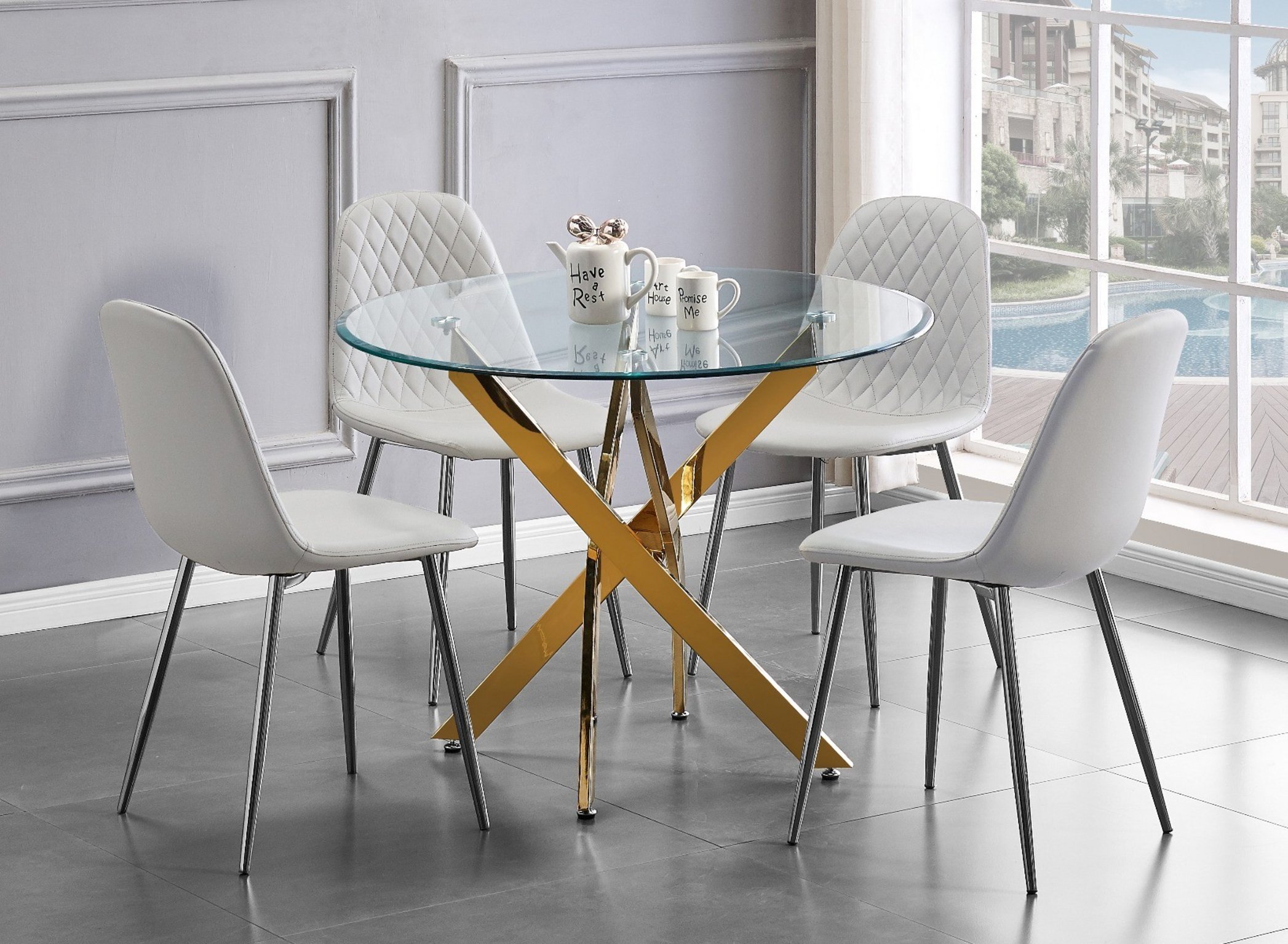 NOVARA Gold Round Tempered Glass Dining Table And 4 Faux Leather Dining Chairs - Picture 145 of 410