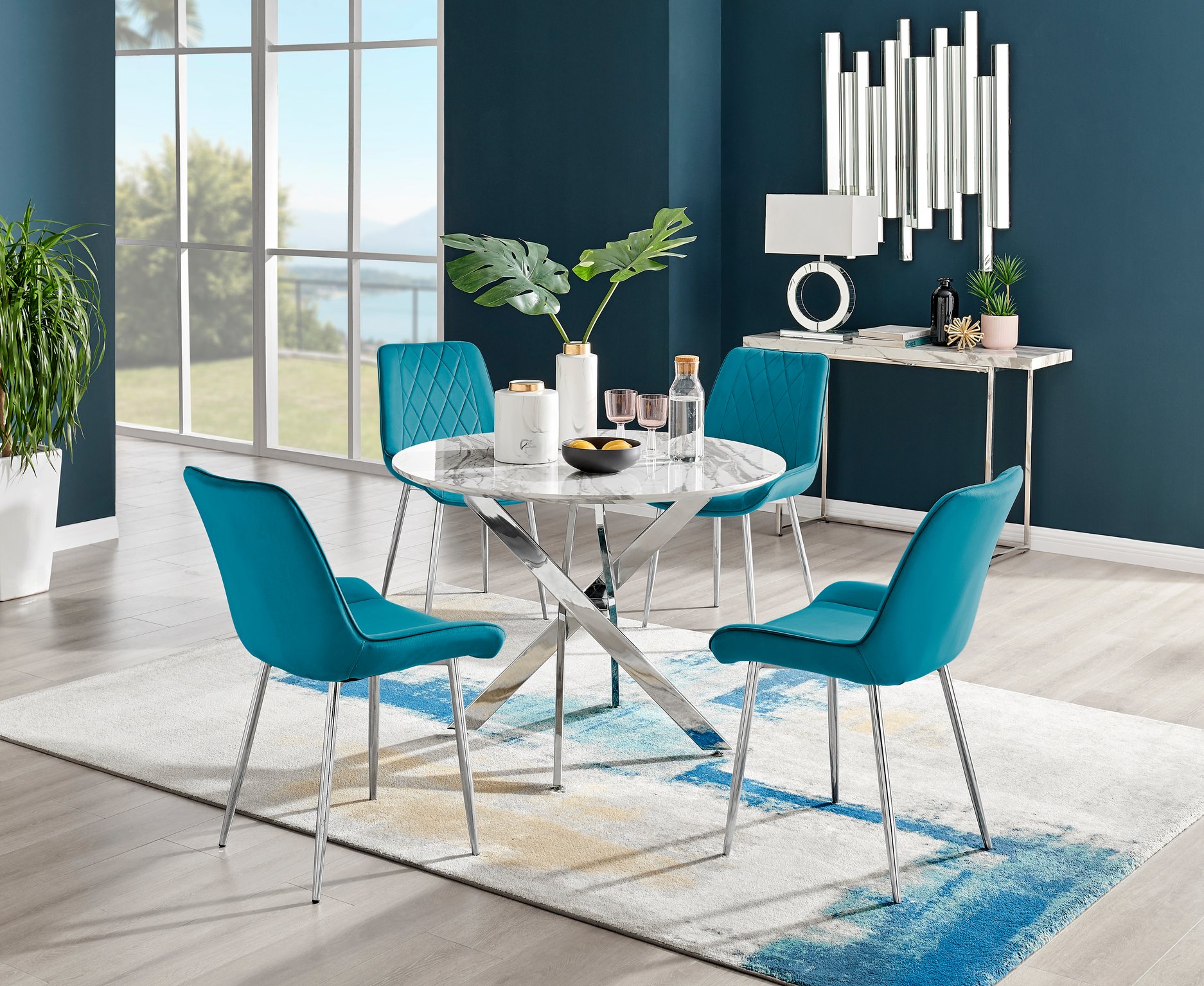 Novara White Marble Round Dining Table 100cm and Pesaro Chairs