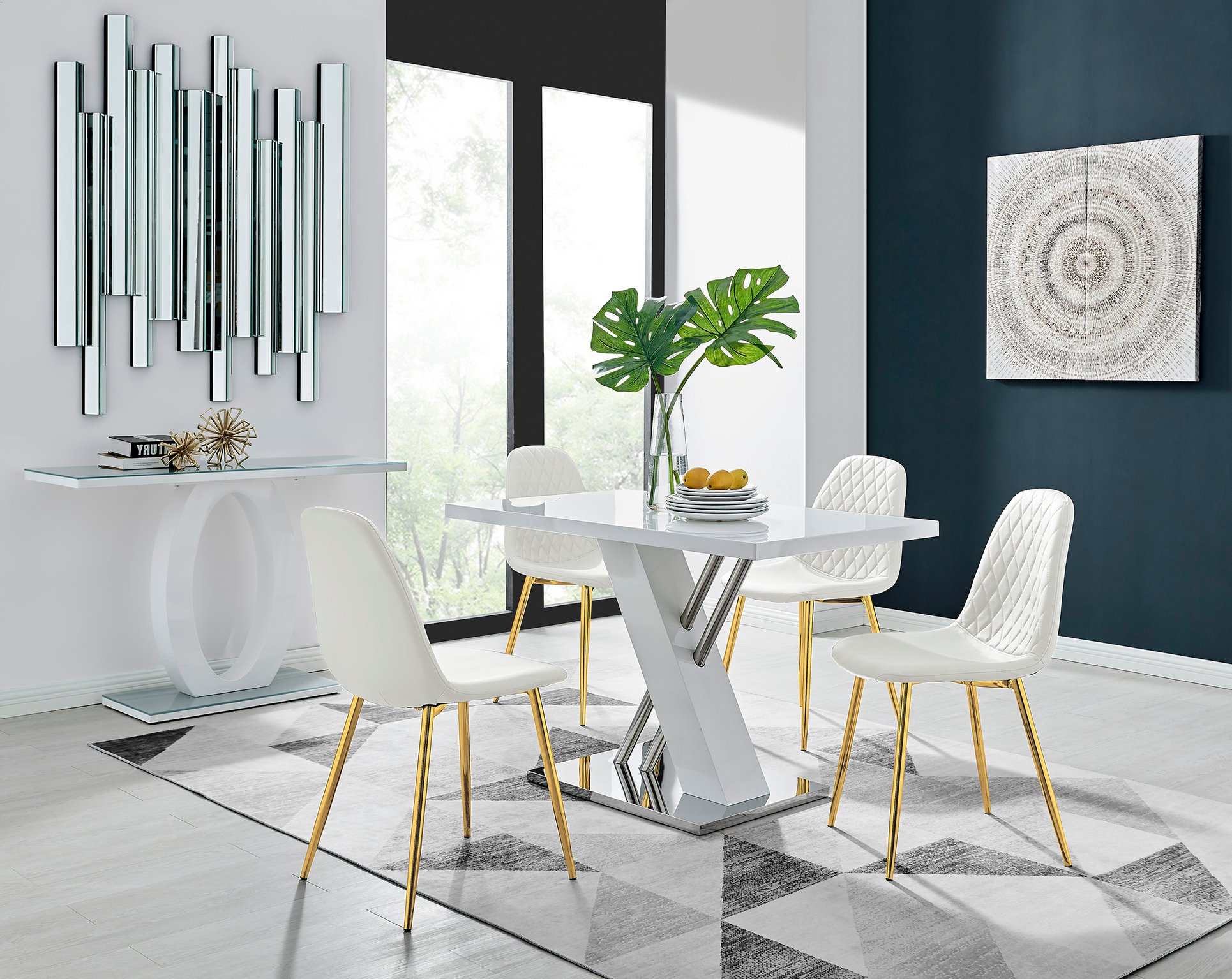 SORRENTO White High Gloss Chrome Dining Table 4 Faux Leather