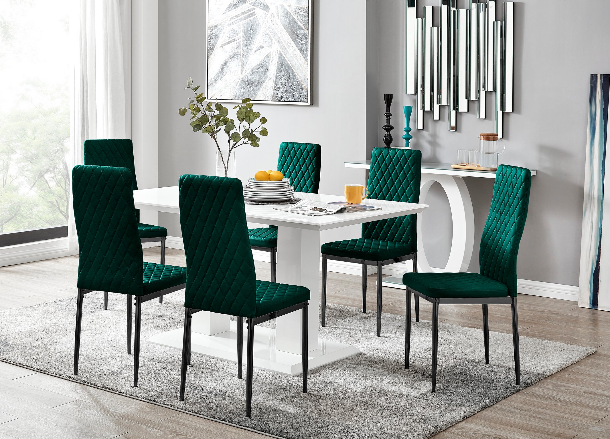 Imperia 6 White Dining Table and 6 Velvet Milan Black Leg Chairs