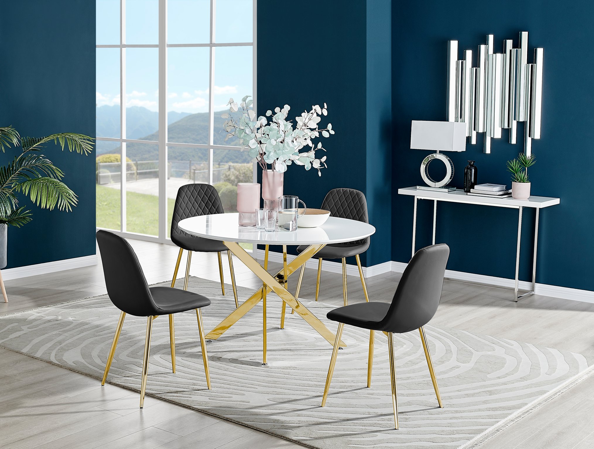 Novara White Gloss Gold Leg Round Dining Table 120cm and 4 Corona Chairs Set