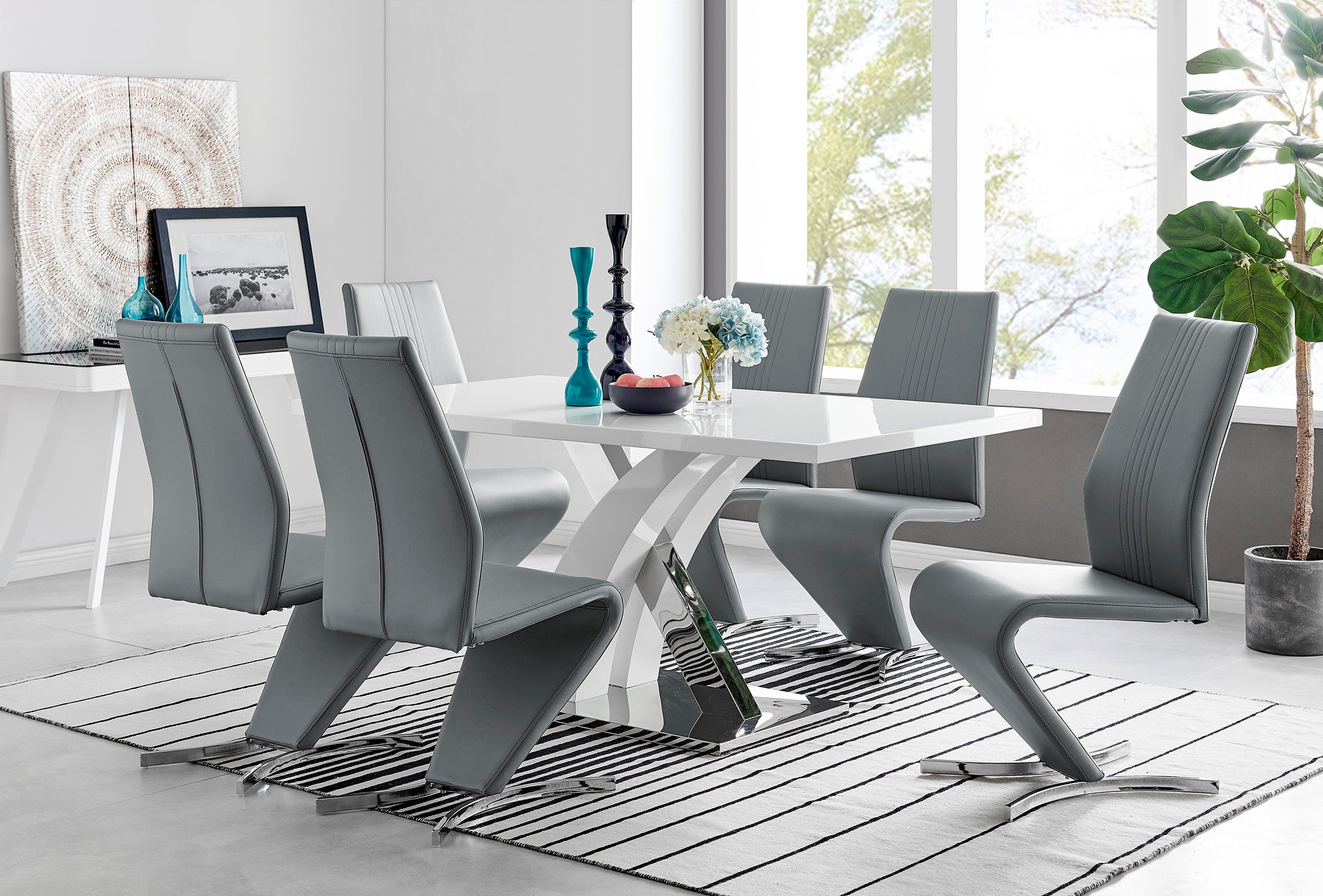 ATLANTA White High Gloss and Chrome Dining Table & 6 Faux Leather Willow Chairs - Picture 50 of 61