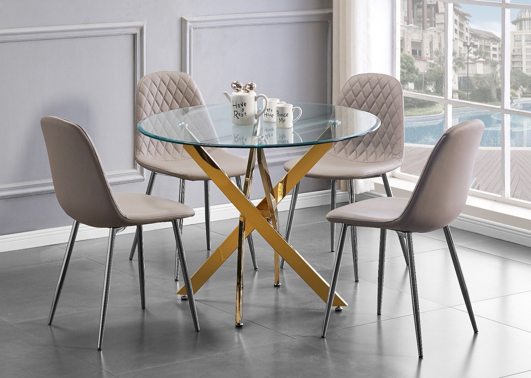 NOVARA Gold Round Tempered Glass Dining Table And 4 Faux Leather Dining Chairs - Picture 123 of 410