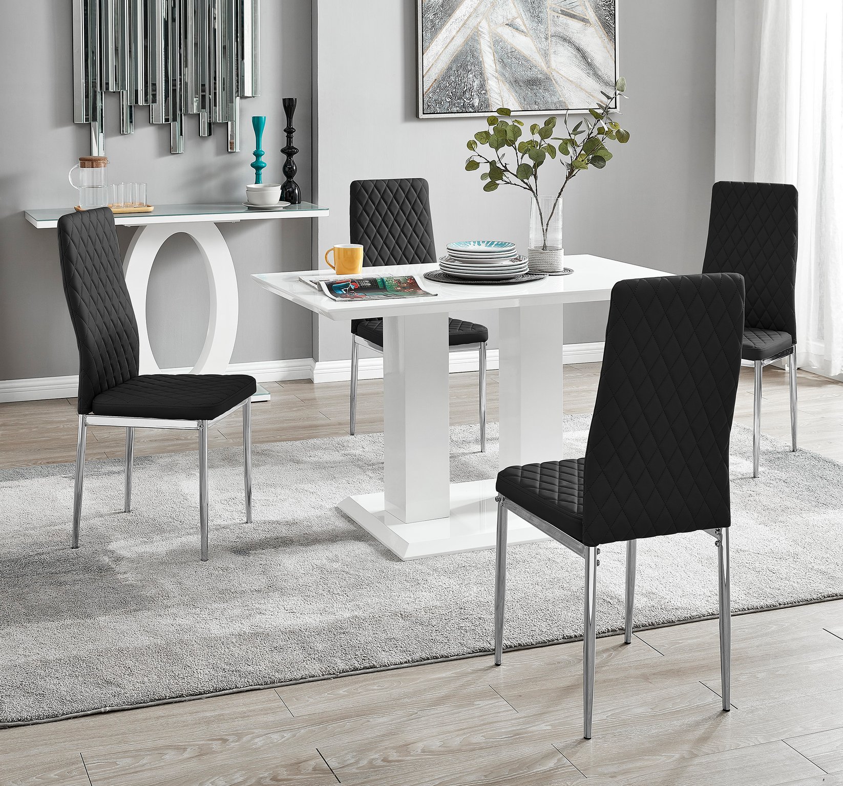 IMPERIA White High Gloss Dining Table & 4 Faux Leather Milan Dining Chairs - Picture 11 of 122