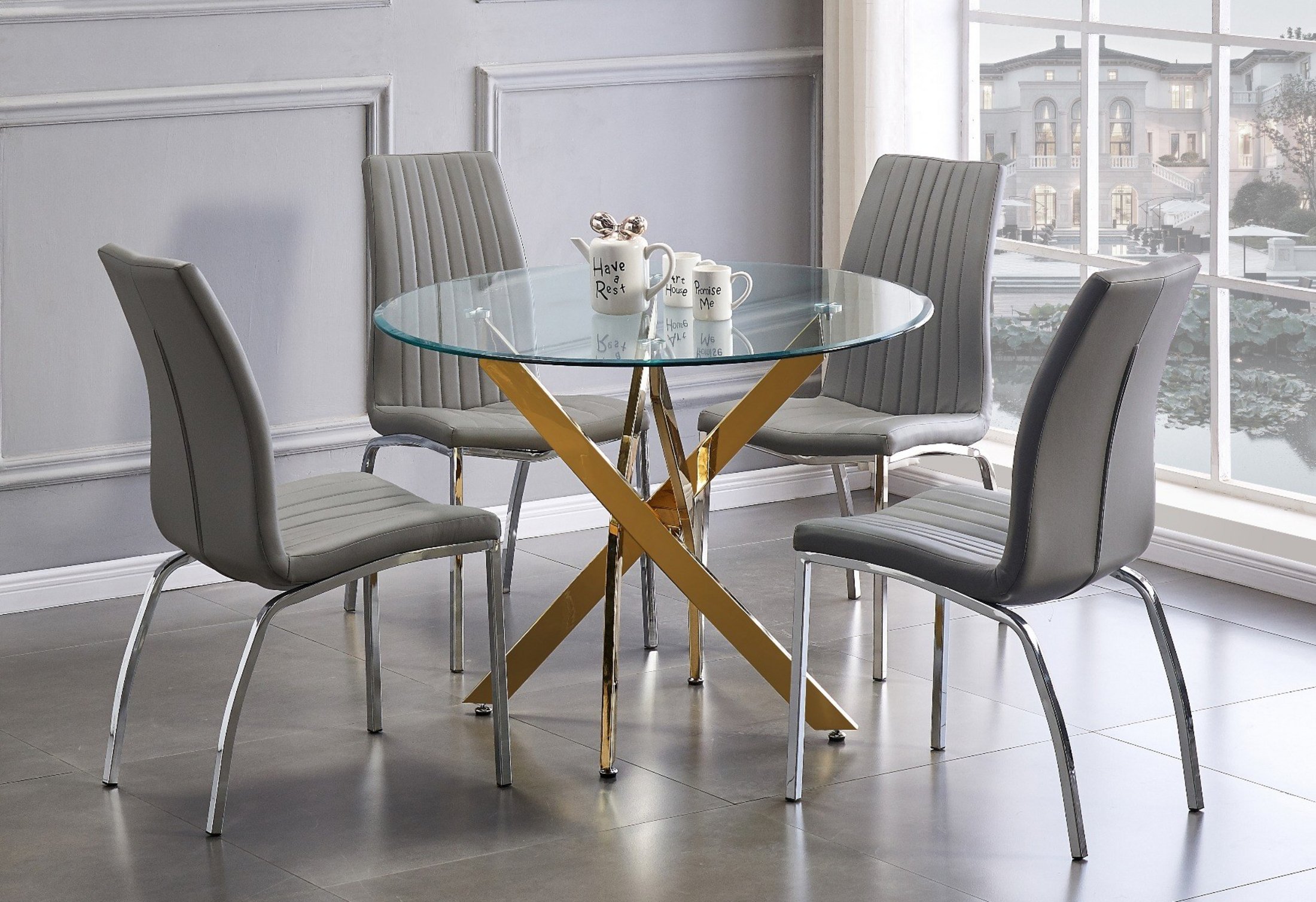 NOVARA Gold Round Tempered Glass Dining Table And 4 Faux Leather Dining Chairs - Picture 44 of 410