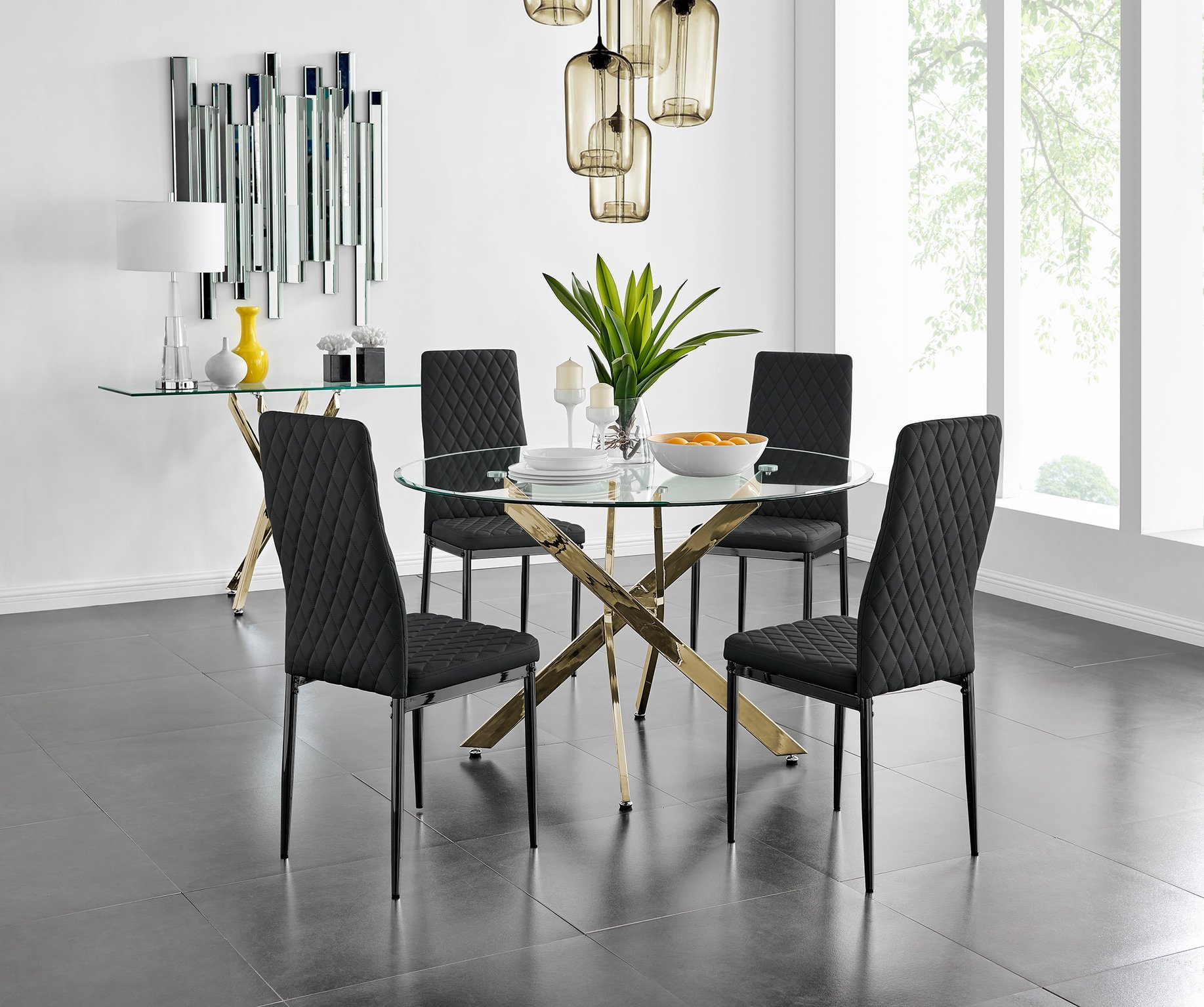Novara Gold Round Glass Dining Table 120cm and 4 Black Leg Chairs Furniture Set - Picture 8 of 42