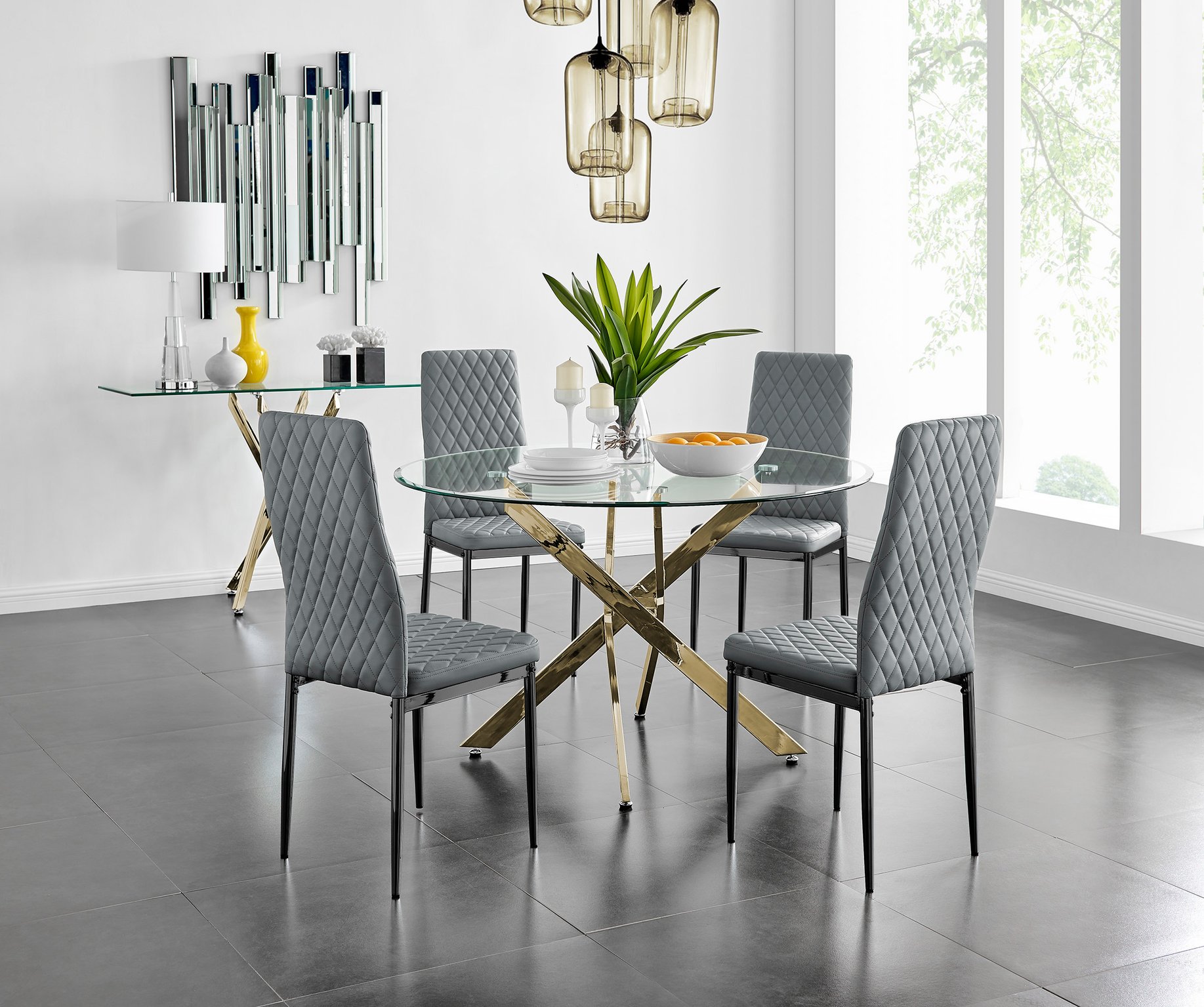 Novara Gold Round Glass Dining Table 120cm and 4 Black Leg Chairs Furniture Set - Picture 26 of 42