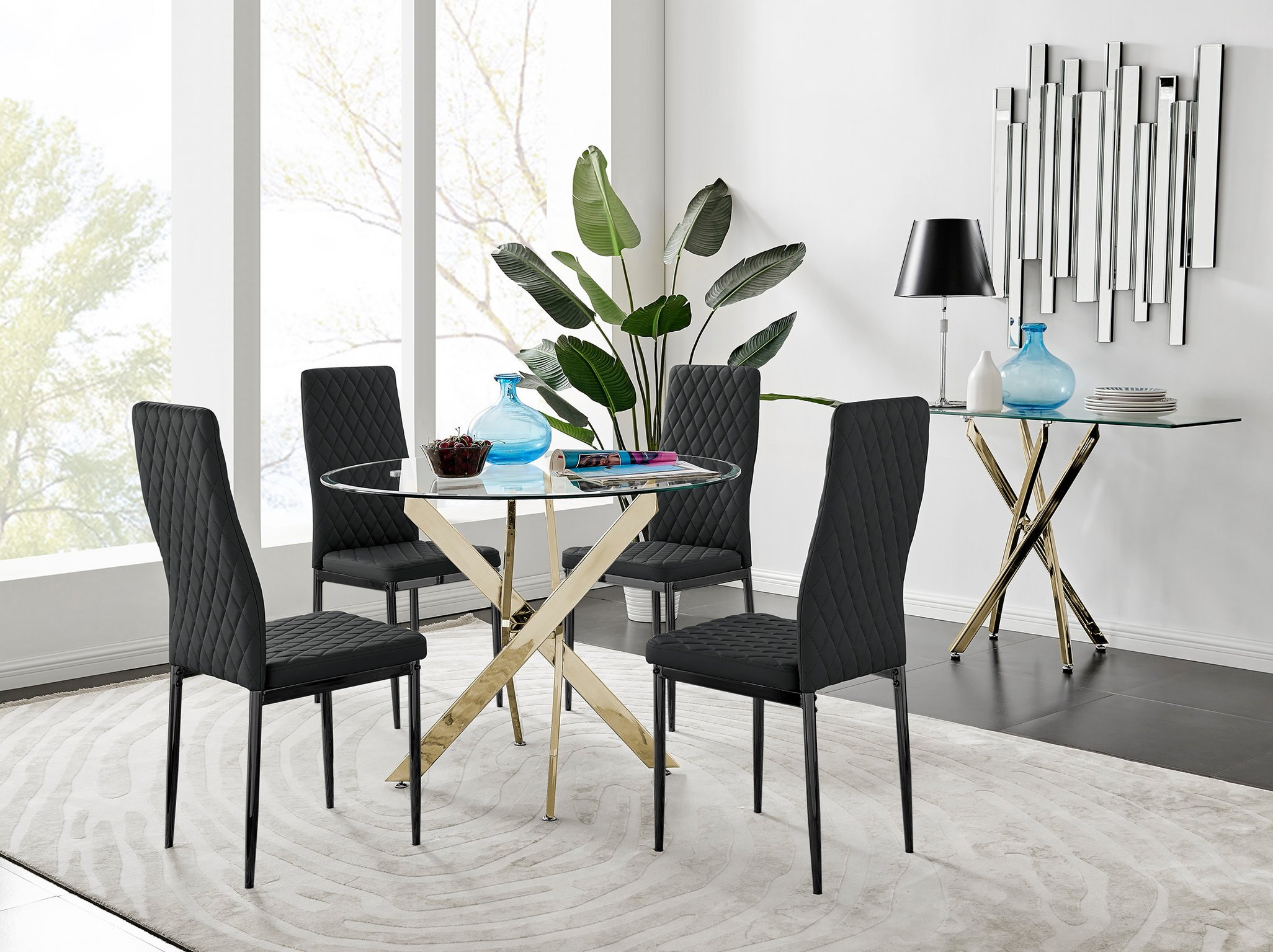 Novara Gold Round Glass Dining Table 100cm and 4 Black Leg Chairs Furniture Set - Picture 8 of 42