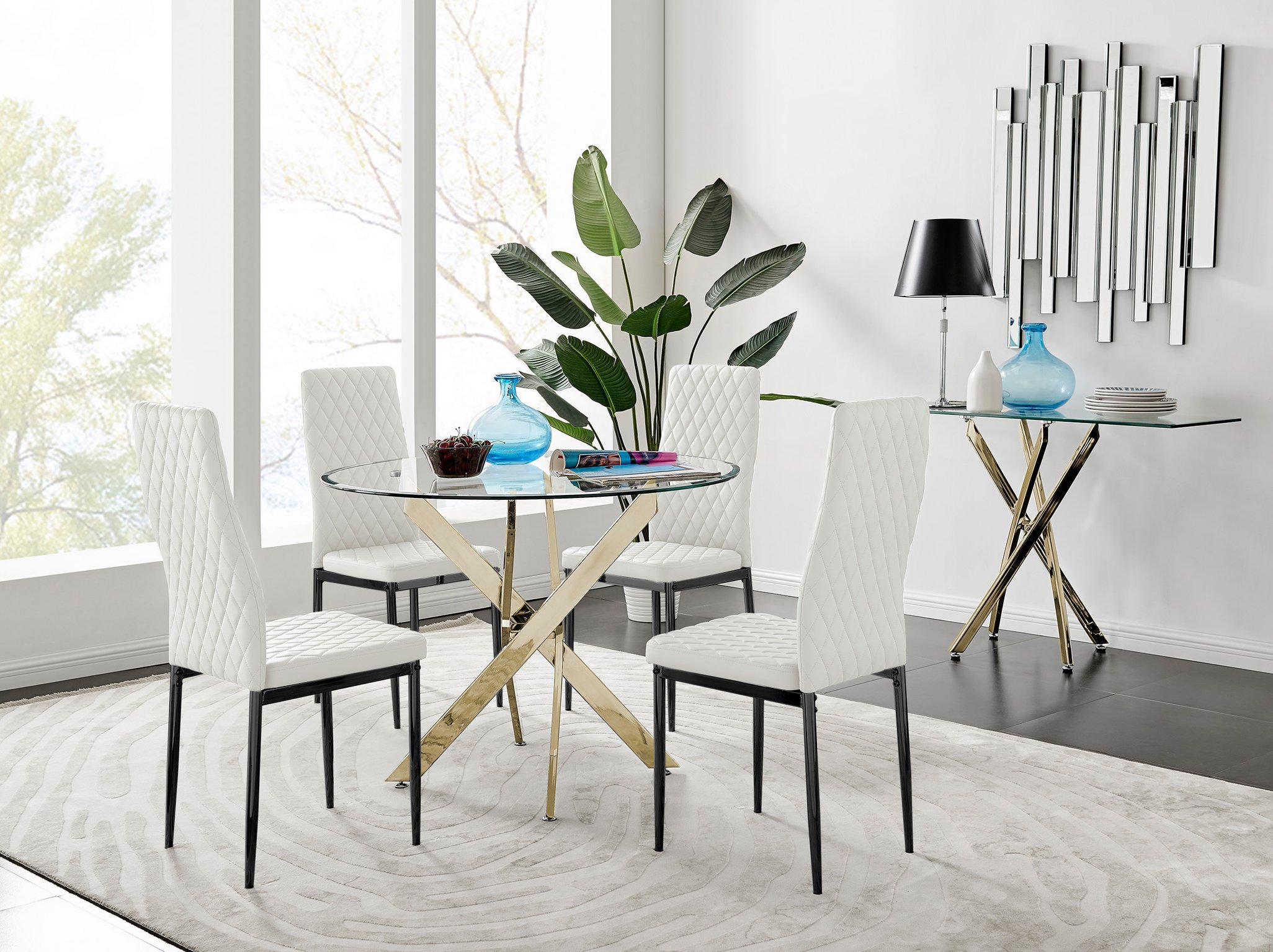 Novara Gold Round Glass Dining Table 100cm and 4 Black Leg Chairs Furniture Set - Picture 35 of 42
