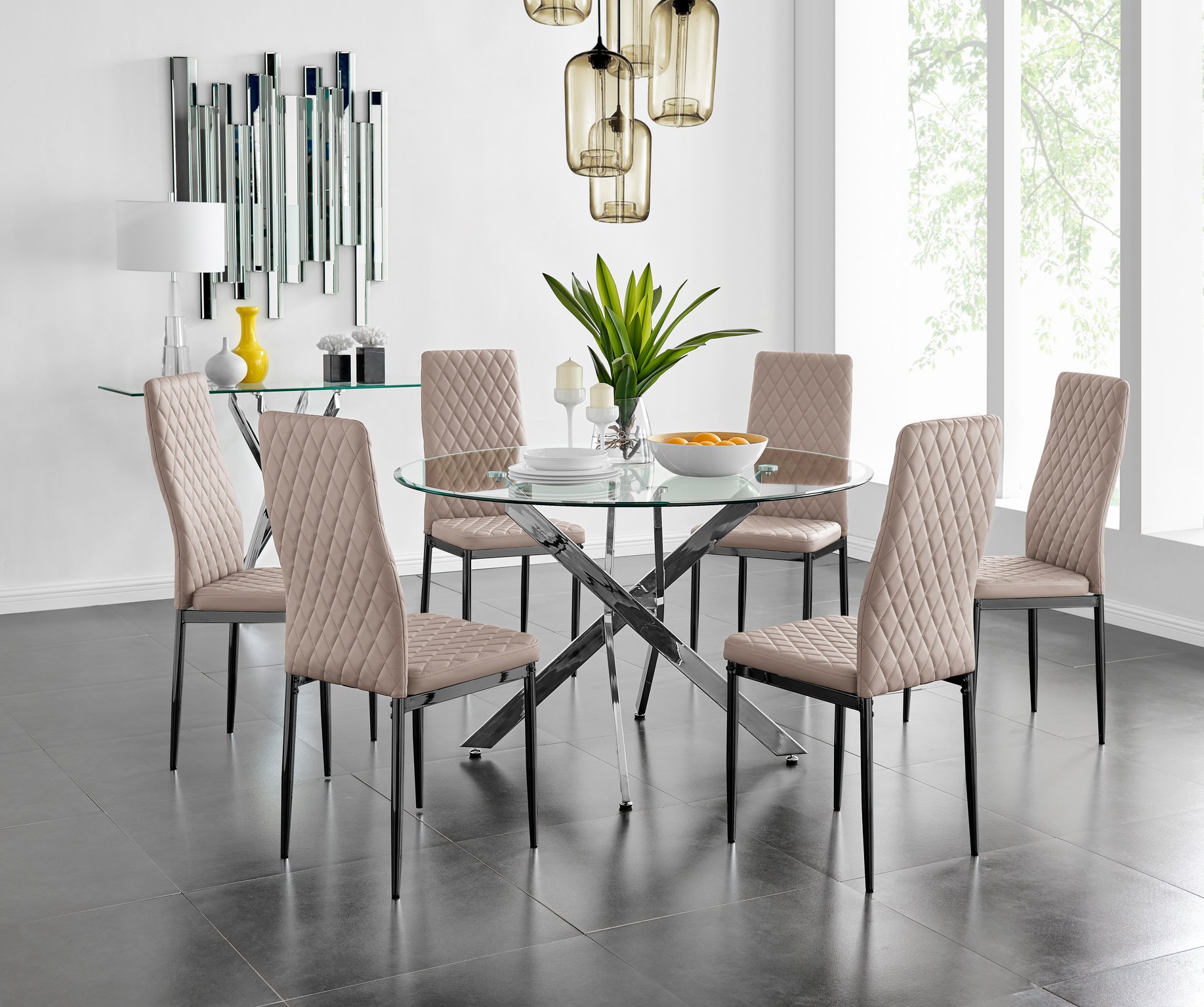 Novara Chrome Round Glass Dining Table 120cm & 6 Black Leg Chairs Furniture Set - Picture 14 of 40