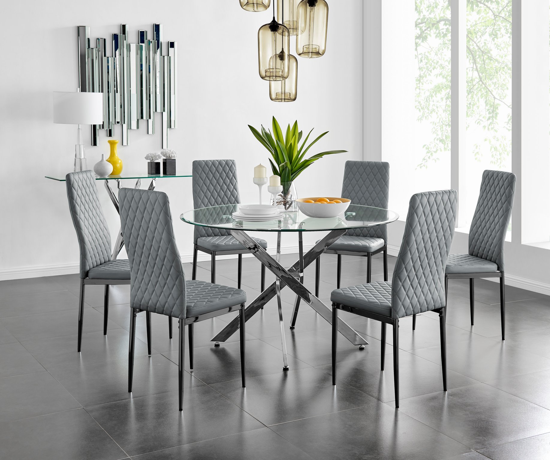 Novara Chrome Round Glass Dining Table 120cm & 6 Black Leg Chairs Furniture Set - Picture 24 of 40