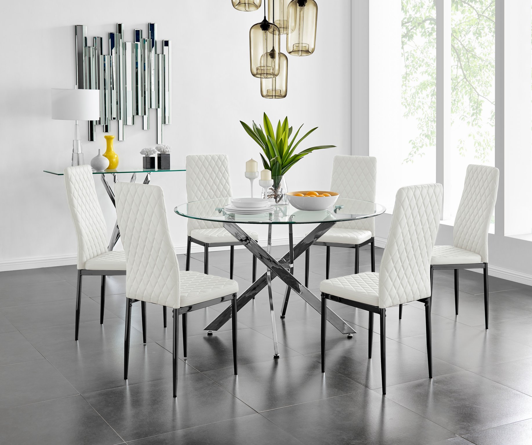 Novara Chrome Round Glass Dining Table 120cm & 6 Black Leg Chairs Furniture Set - Picture 33 of 40