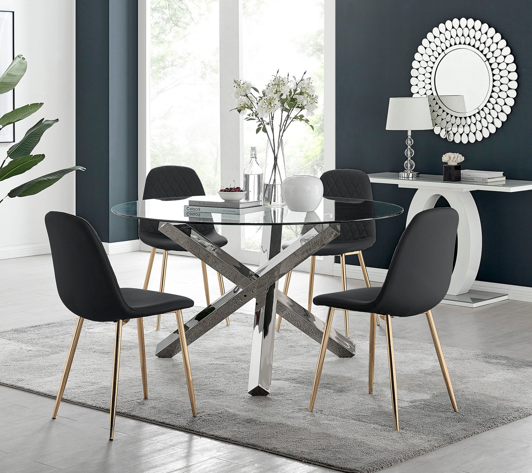 VOGUE Large Round Glass and Chrome Dining Table & 4 Corona Faux Chairs - Picture 23 of 154