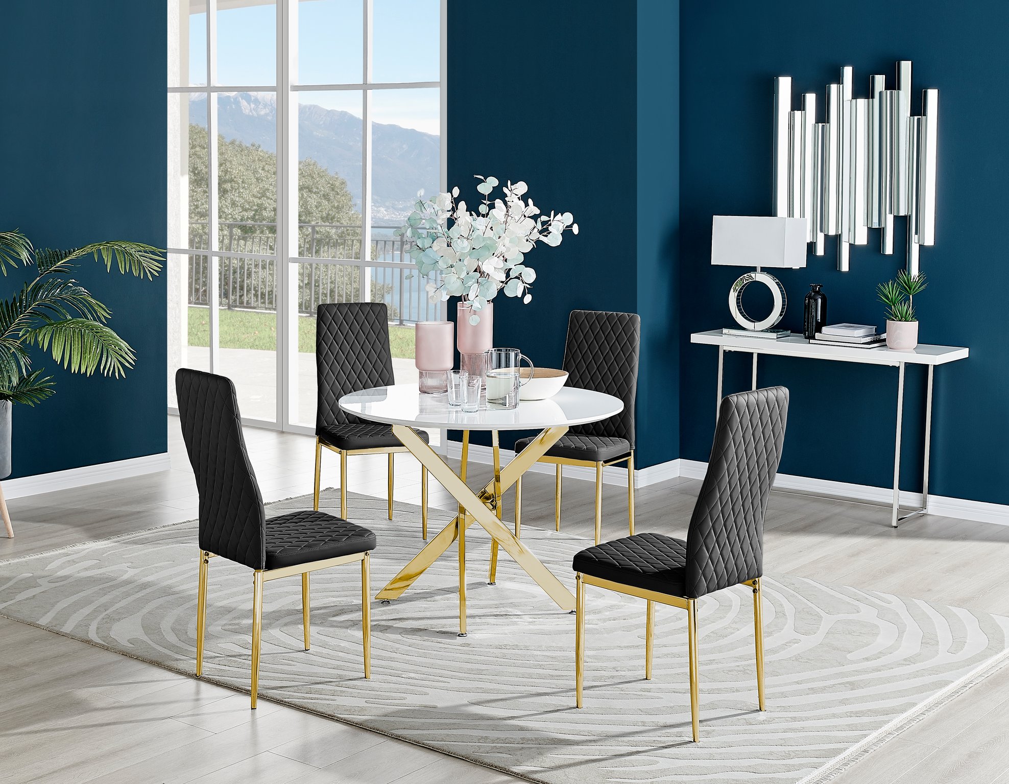 Novara White Gloss Gold Leg Round Dining Table & 4 Milan Chairs Furniture Set