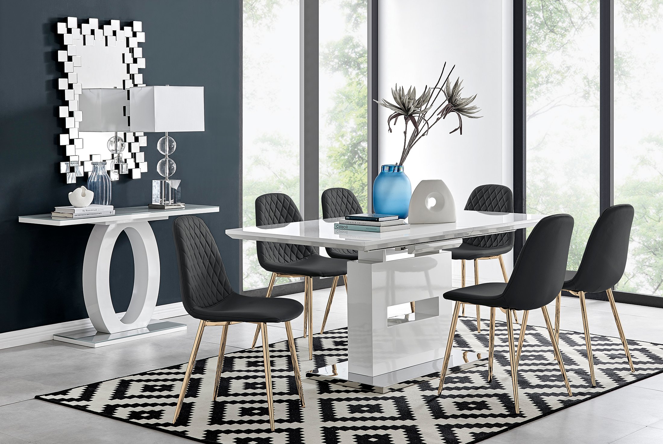 AREZZO White High Gloss Extending Dining Table 6 Faux Leather Corona Chairs