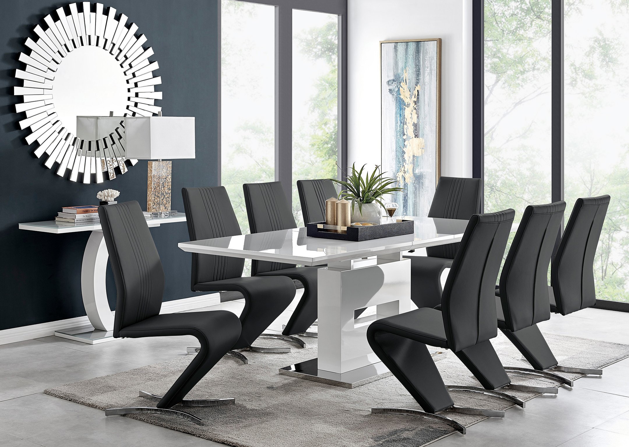 AREZZO White High Gloss Extending Dining Table Faux Leather