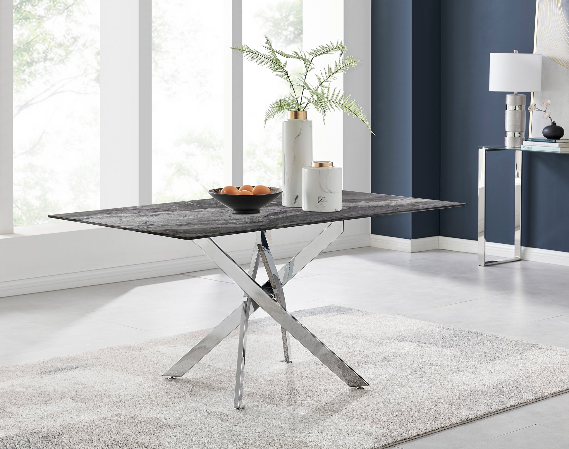 Leonardo Grey Glass Marble Top Rectangular Dining Table 6 Seat Minimalist