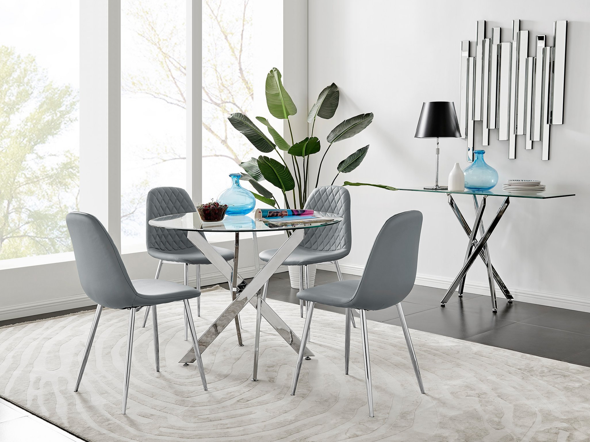 Novara Round Glass Top And Chrome Leg Table And 4 Faux Leather Corona Chairs Set