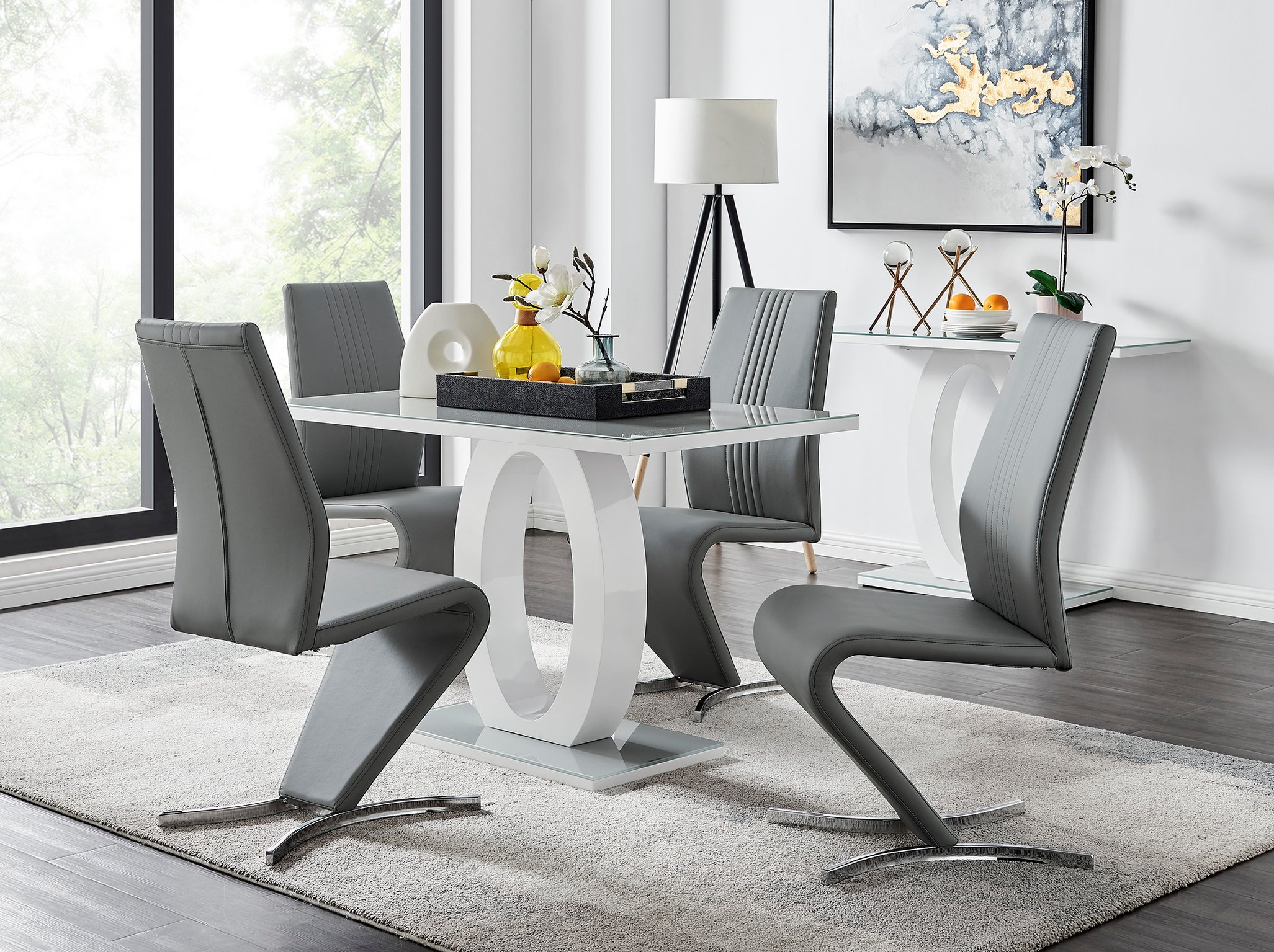 GIOVANI White High Gloss Grey Glass Dining Table & 4 Faux Leather Willow Chairs - Picture 48 of 59