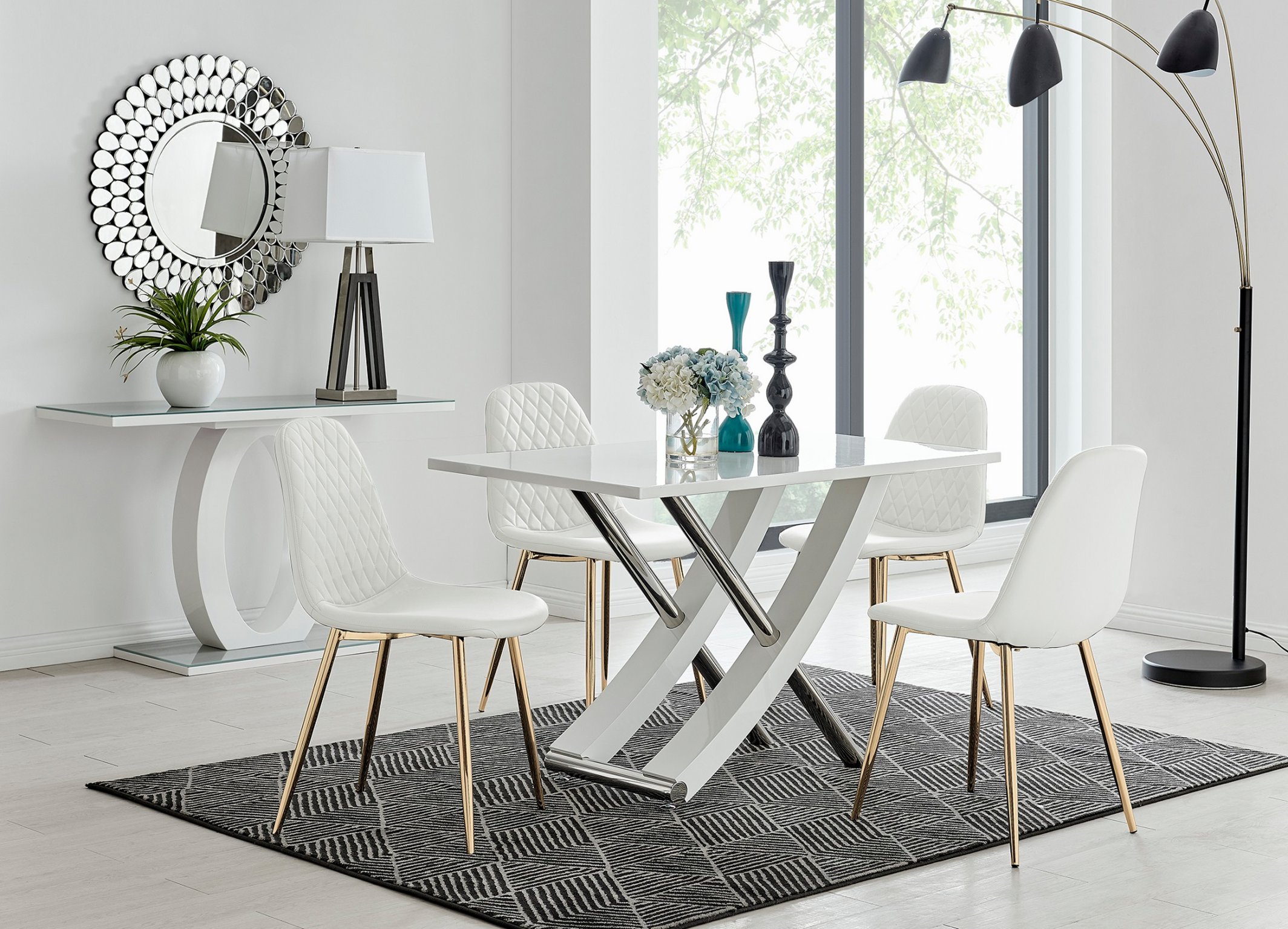 MAYFAIR White High Gloss Chrome Dining Table & 4 Faux Leather Dining Chairs - Picture 215 of 285