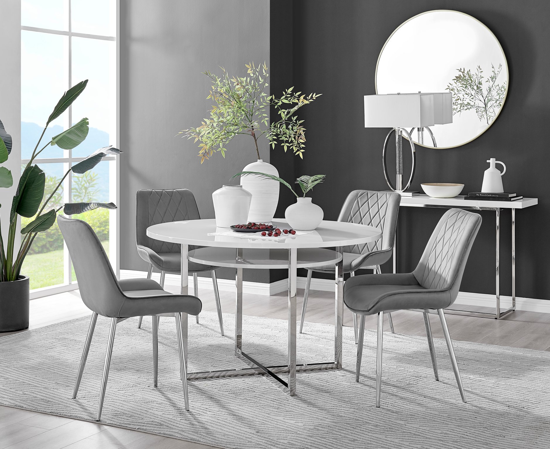Adley High Gloss Storage Dining Table in White & 4 Pesaro Silver Leg Chairs Set - Picture 32 of 43
