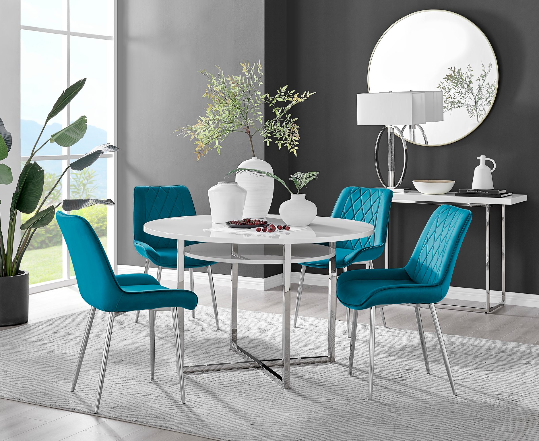 Adley High Gloss Storage Dining Table in White & 4 Pesaro Silver Leg Chairs Set - Picture 8 of 43