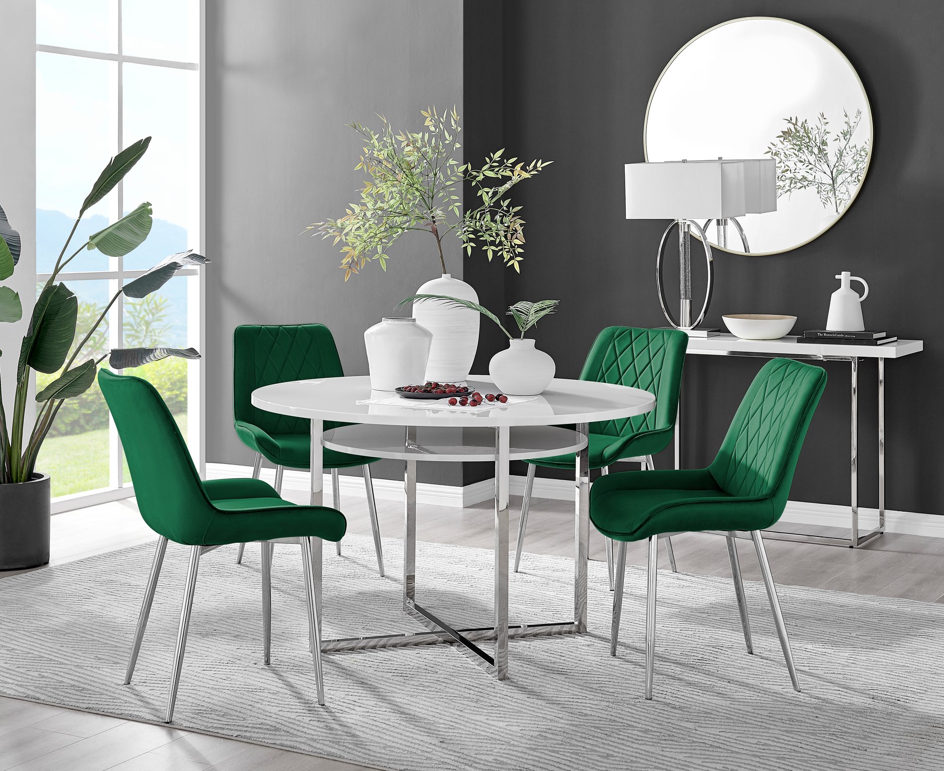 Adley High Gloss Storage Dining Table in White & 4 Pesaro Silver Leg Chairs Set - Picture 20 of 43