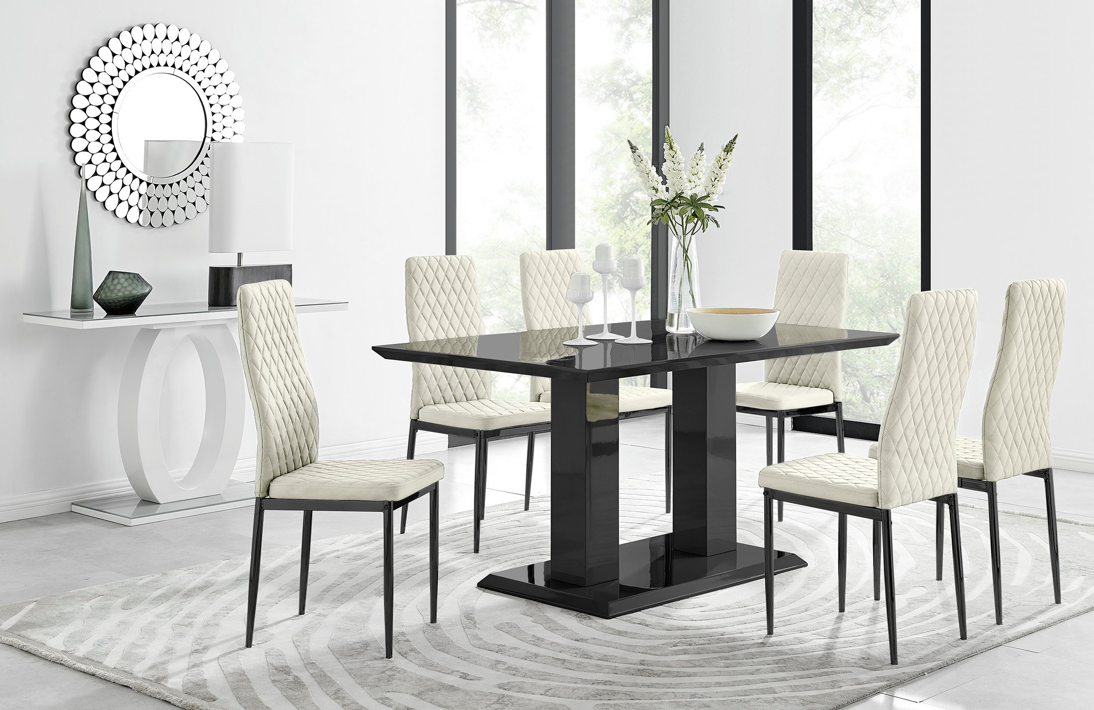 Imperia 6 Black Dining Table and 6 Velvet Milan Black Leg Chairs