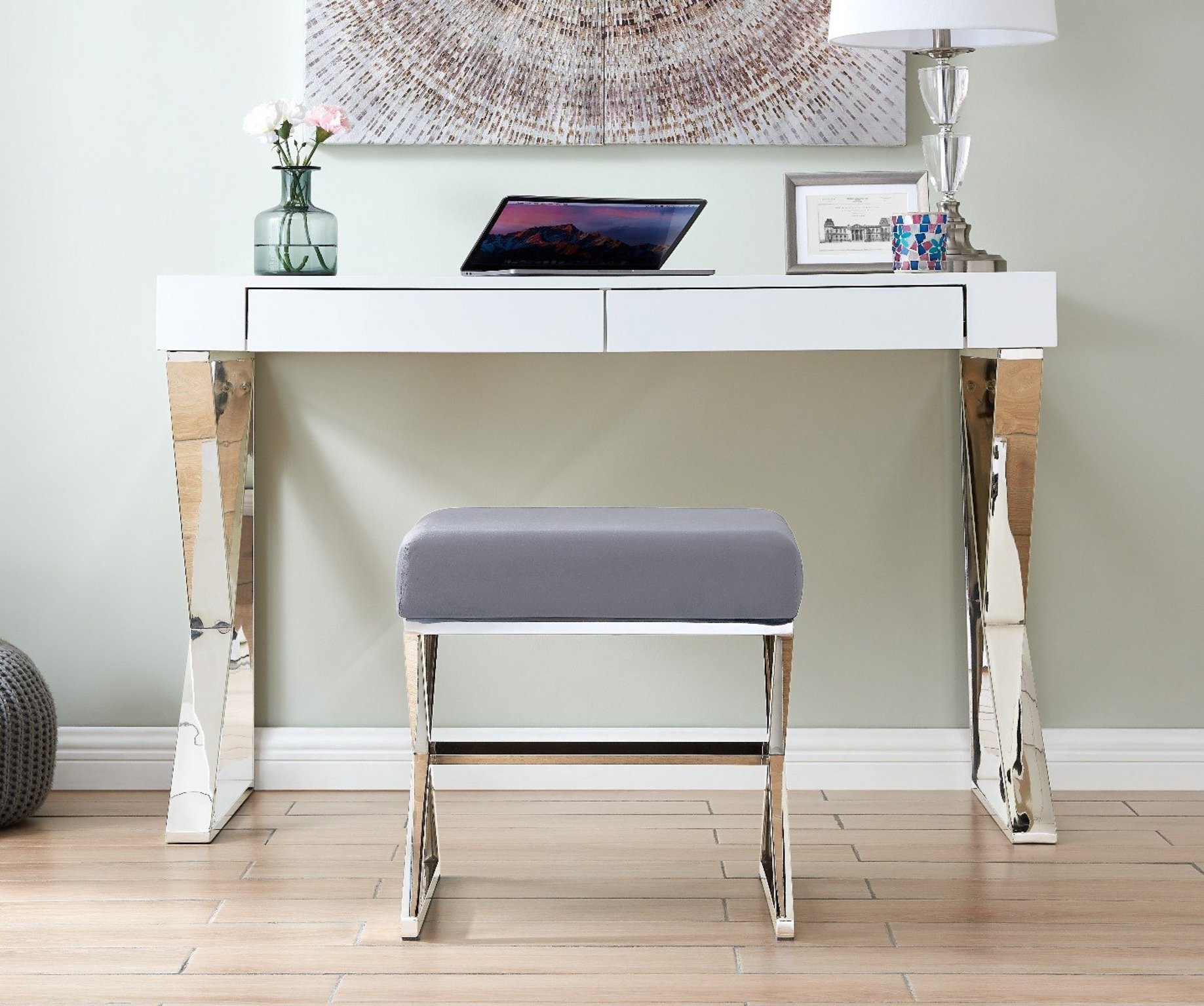 Polished Chrome Dressing Table Stool OXFORD Luxurious Velvet And