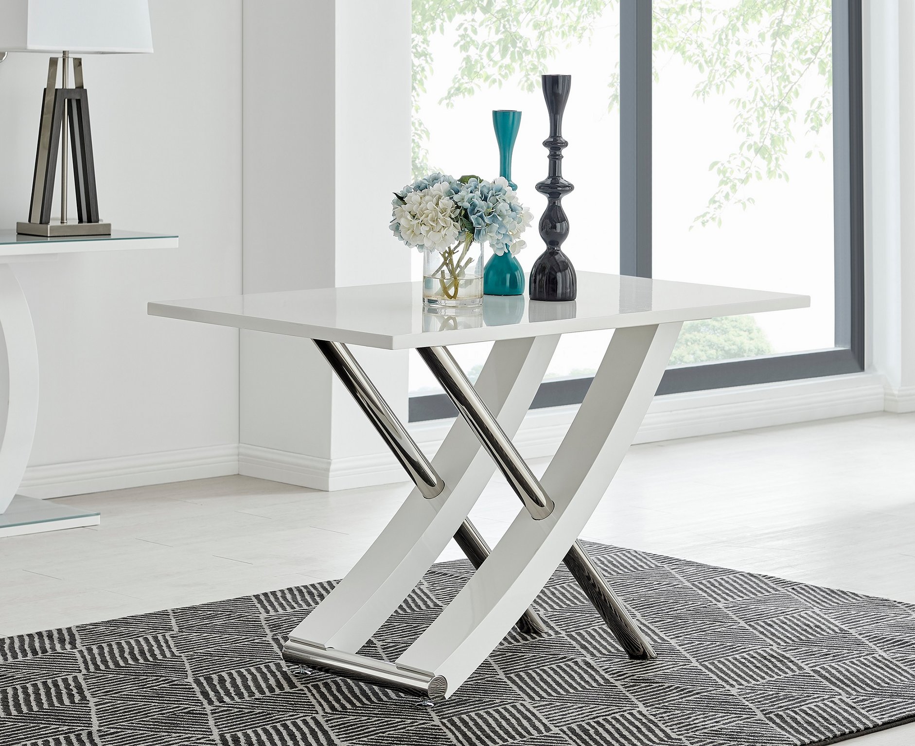 MAYFAIR White High Gloss Chrome Dining Table & 4 Faux Leather Dining Chairs - Picture 13 of 285