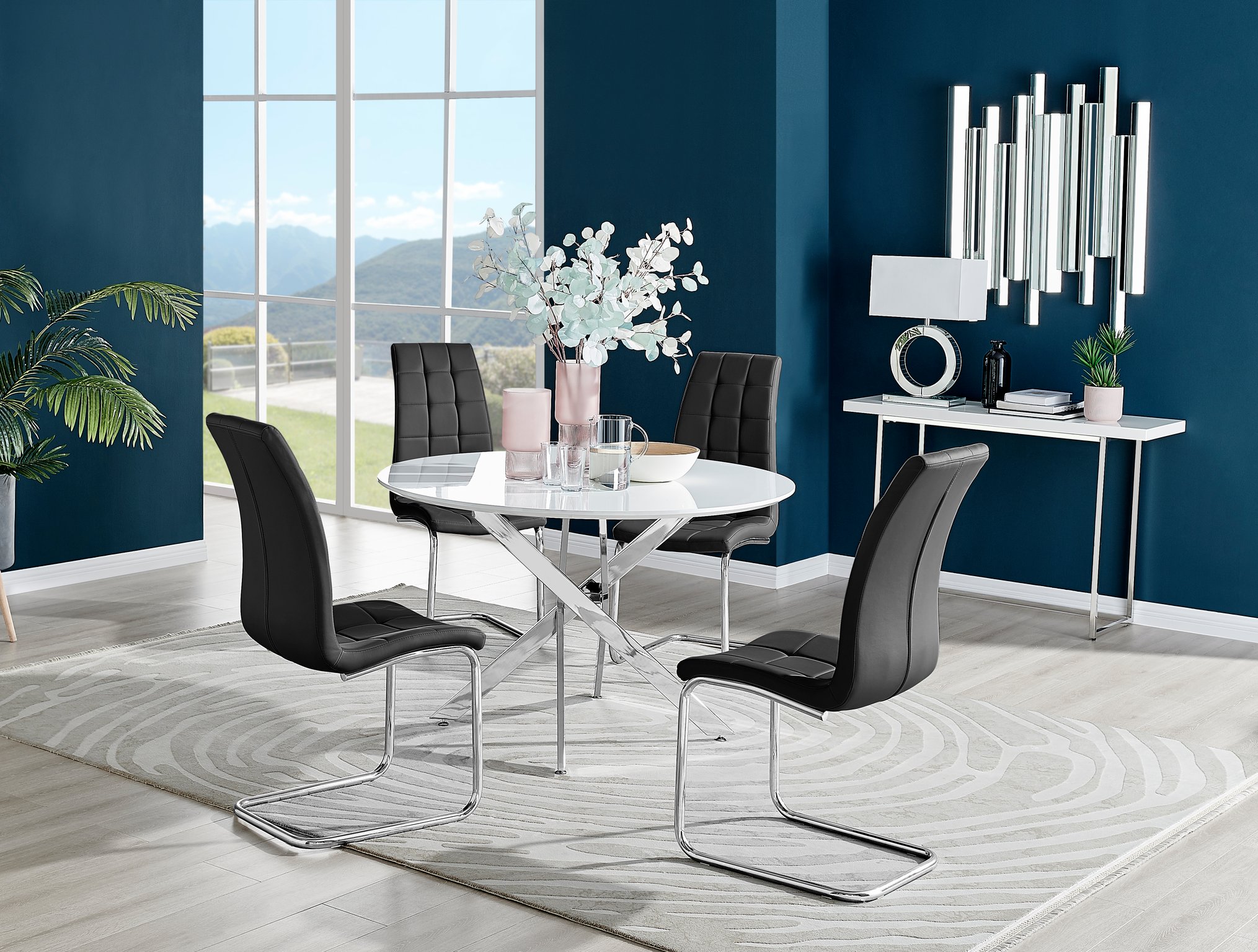 Novara White High Gloss Round Dining Table 120cm & 4 Murano Chairs Furniture Set
