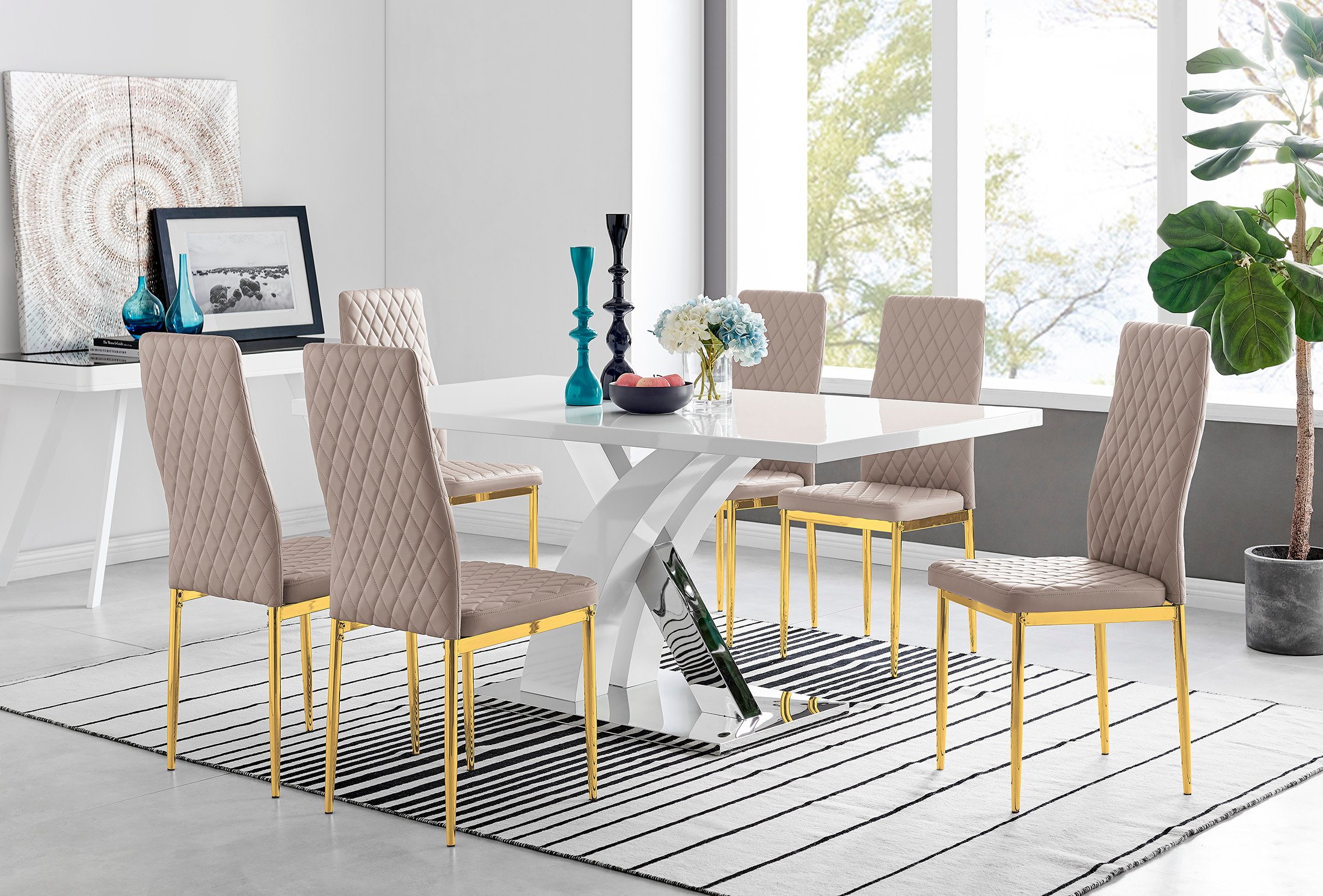 ATLANTA White High Gloss and Chrome Dining Table & 6 Faux Leather Milan Chairs - Picture 74 of 157