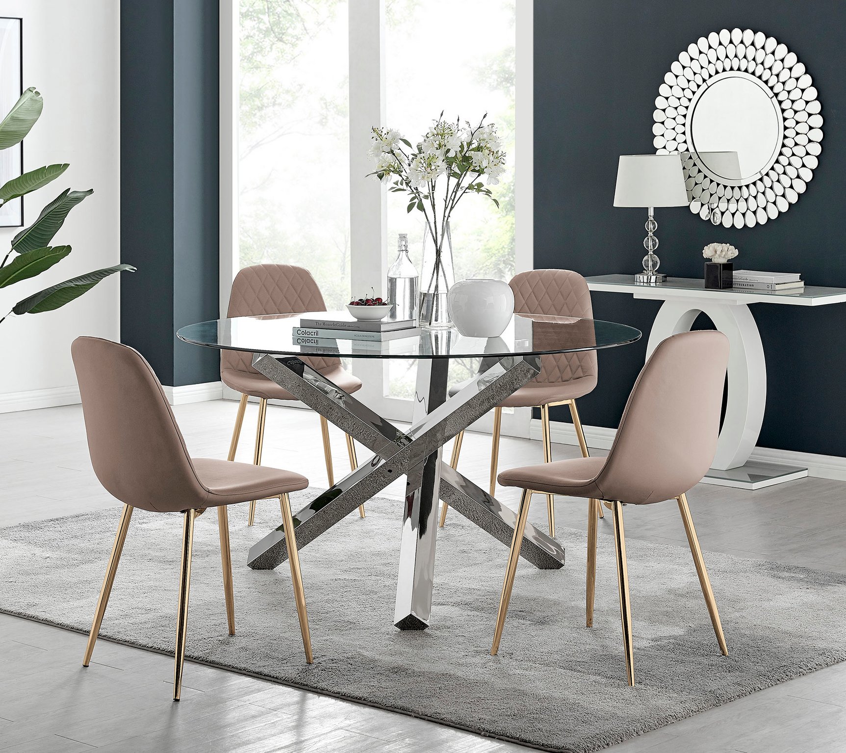 VOGUE Large Round Glass and Chrome Dining Table & 4 Corona Faux Chairs - Picture 59 of 154
