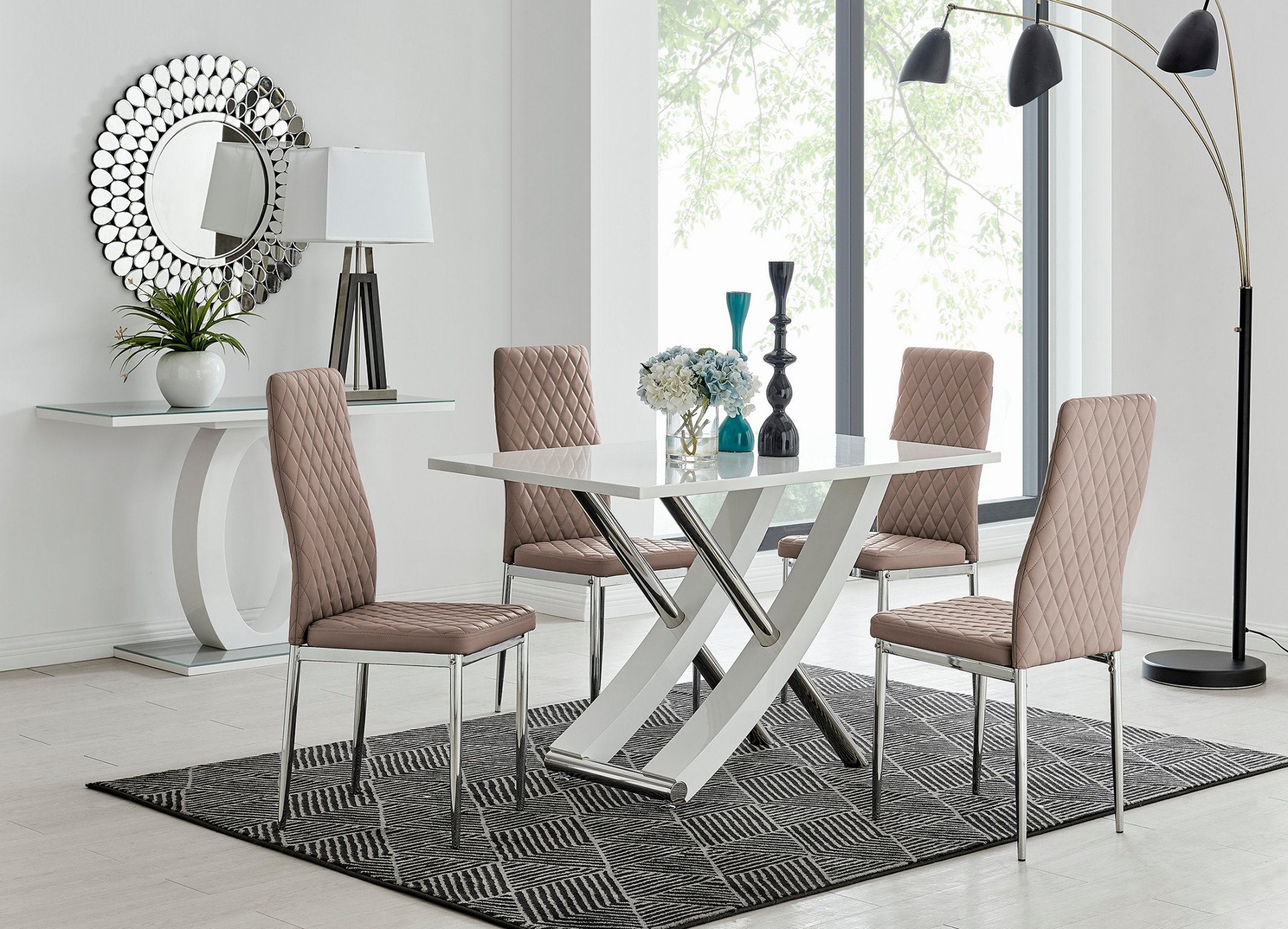 MAYFAIR White High Gloss Chrome Dining Table & 4 Faux Leather Dining Chairs - Picture 95 of 285