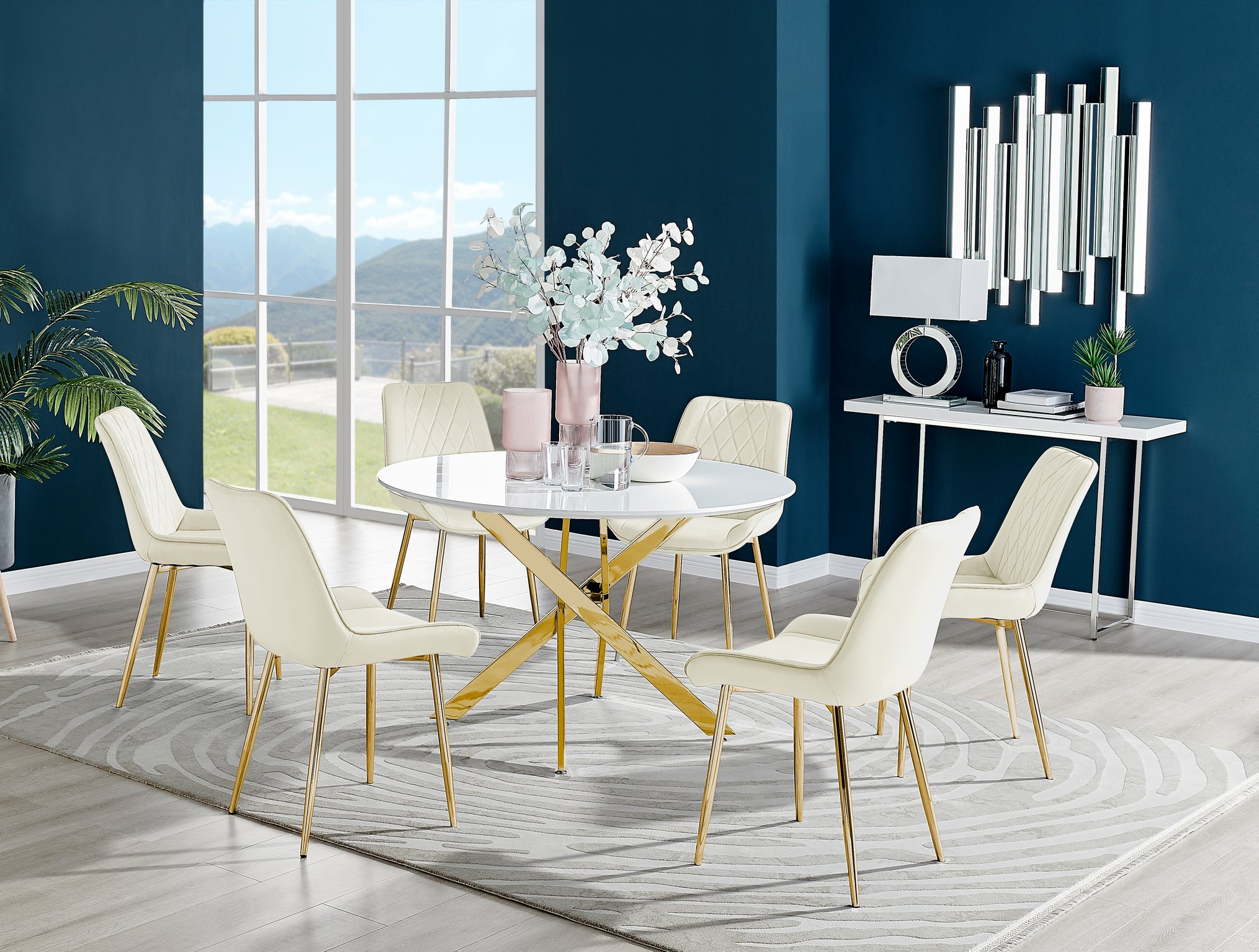 Novara White Gloss Gold Leg Round Dining Table 120cm and 6 Pesaro