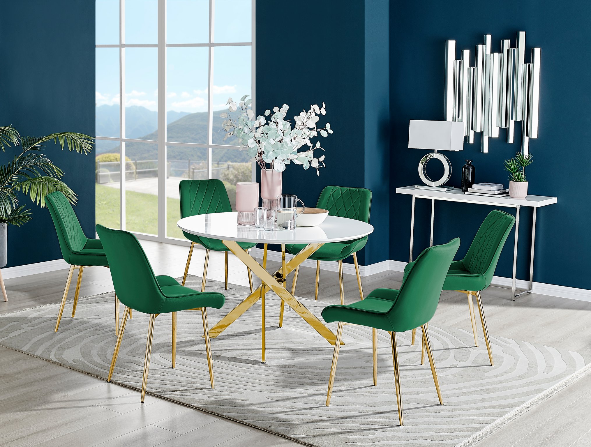 Furniture Box Novara 120cm Gold Round Dining Table and 4 x Green Pesaro  Silver Leg Chairs