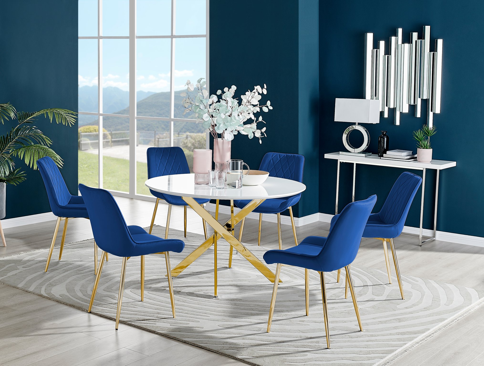 NOVARA 120cm Round Glass and Gold Leg Dining Table & 4 or 6 Velvet Dining  Chairs