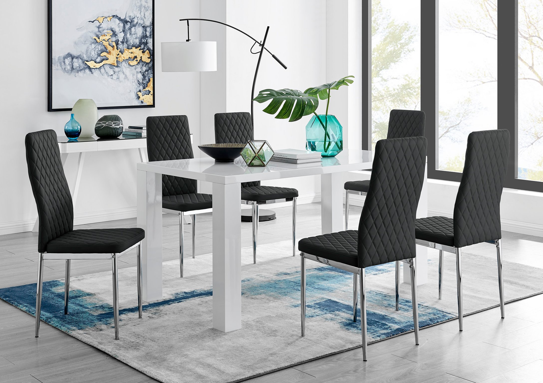 PIVERO White High Gloss Dining Table & 6 Faux Leather Milan Chairs - Picture 15 of 148