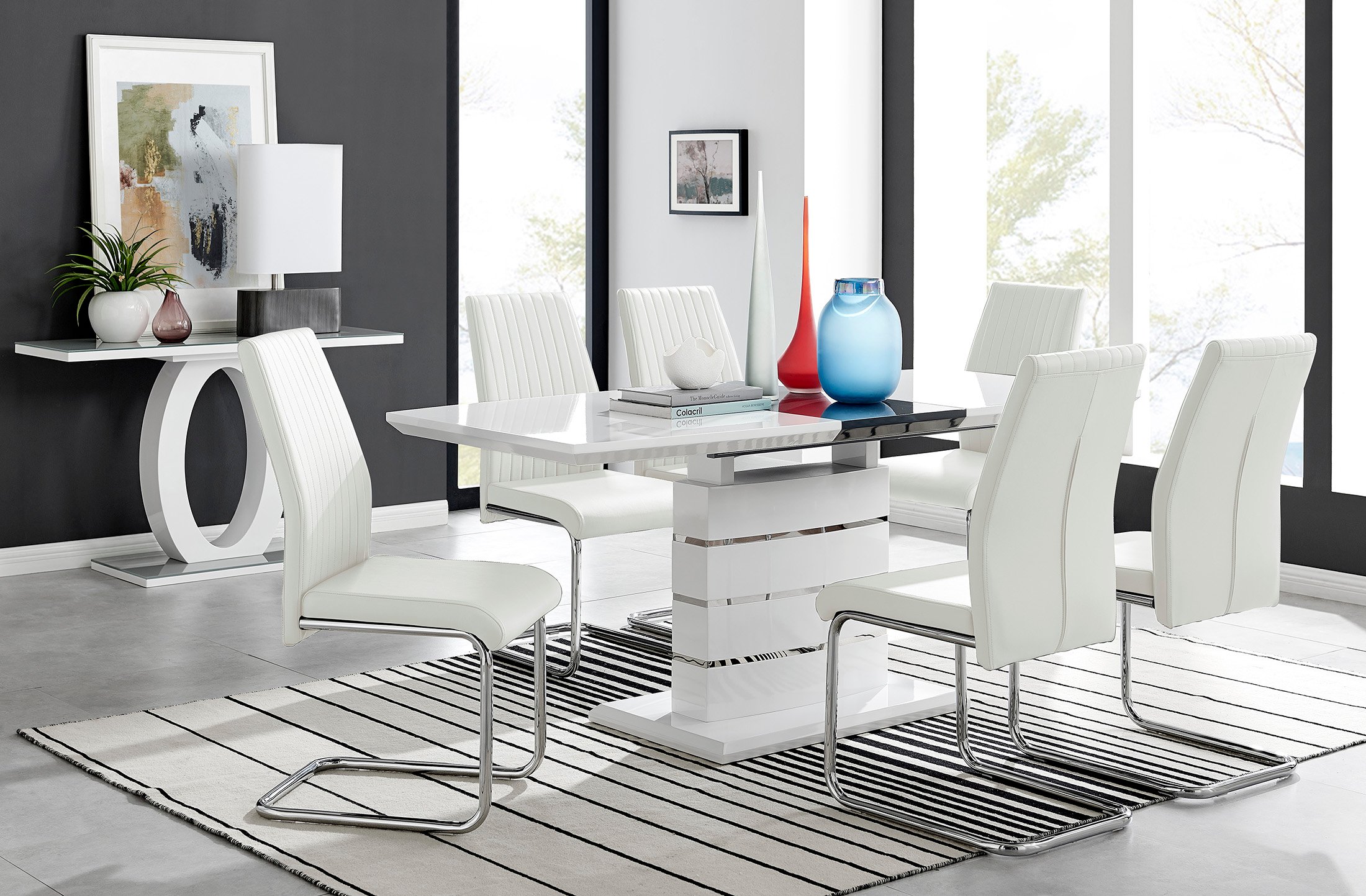 RENATO White Gloss Chrome Extending Dining Table &6/8 Faux Leather Dining Chairs - Picture 383 of 601