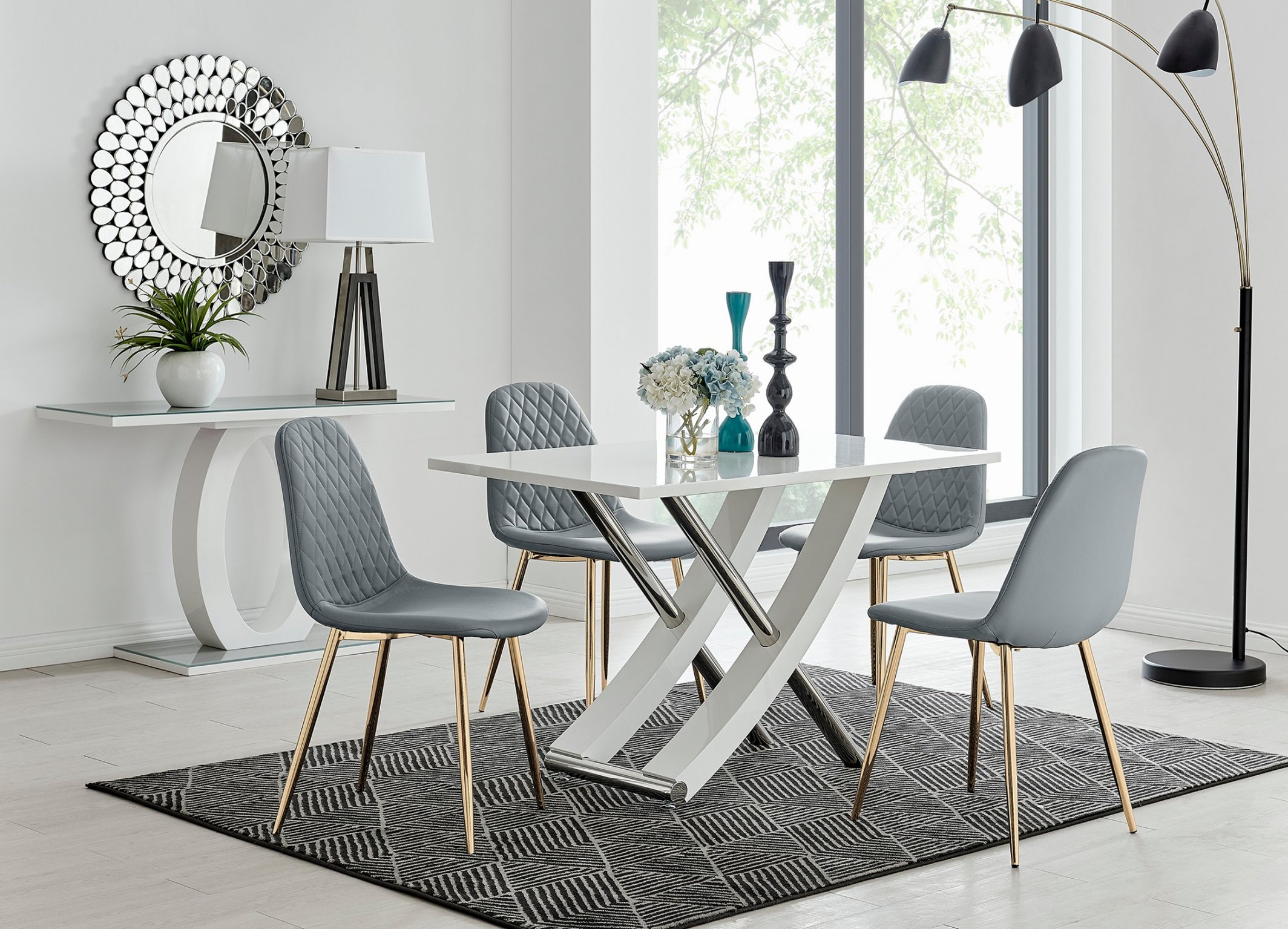 MAYFAIR White High Gloss Chrome Dining Table & 4 Faux Leather Dining Chairs - Picture 131 of 285