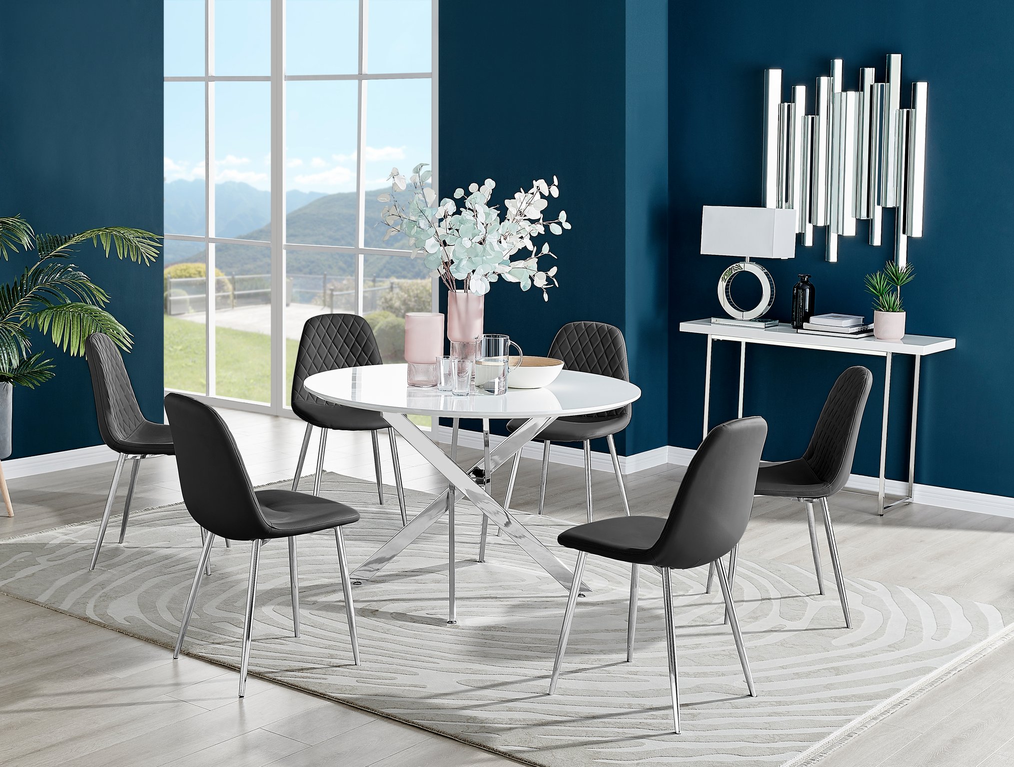 Novara White High Gloss Round Dining Table 120cm & 6 Corona Chairs Furniture Set