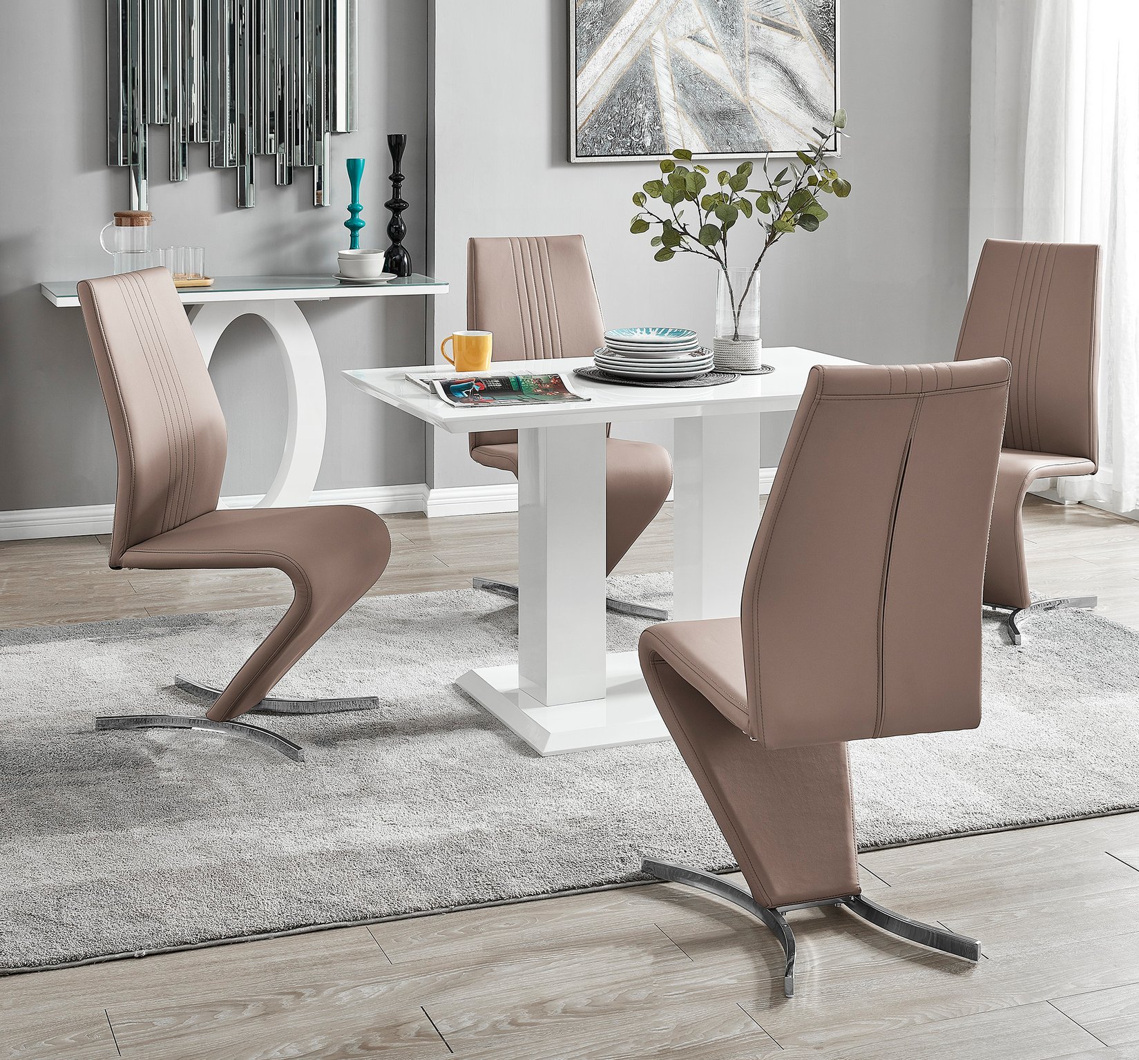 IMPERIA White High Gloss Dining Table & 4 Faux Leather Chrome Willow Chairs - Picture 21 of 43