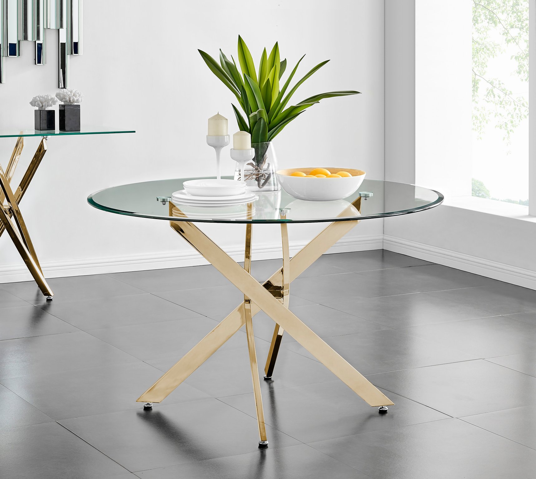 Novara 120cm Gold Round Dining Table and 4 Velvet Milan Gold Leg Chairs - Picture 7 of 65