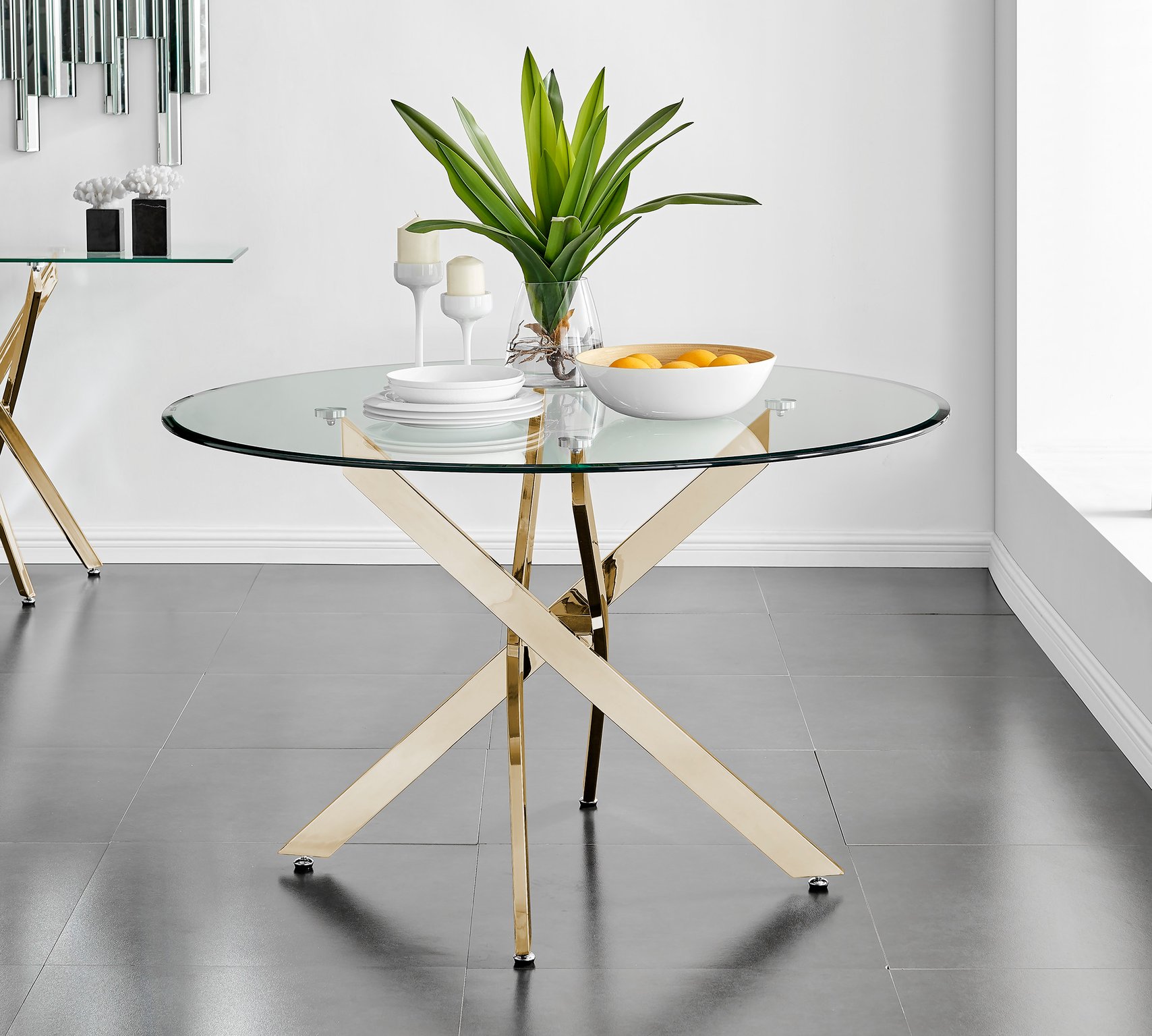 Novara 120cm Gold Round Dining Table and 4 Velvet Milan Gold Leg Chairs - Picture 8 of 65