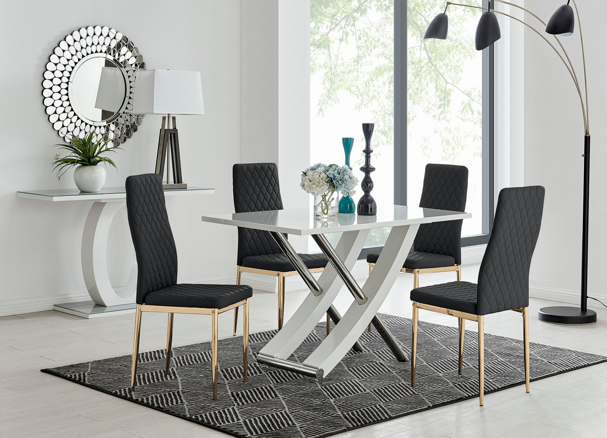 Furniturebox UK Monza 4 Seat White and Grey High Gloss Rectangular Dining Table Modern Contemporary Table Design with 4 Black Lorenzo Faux Leather Modern Dining Chairs