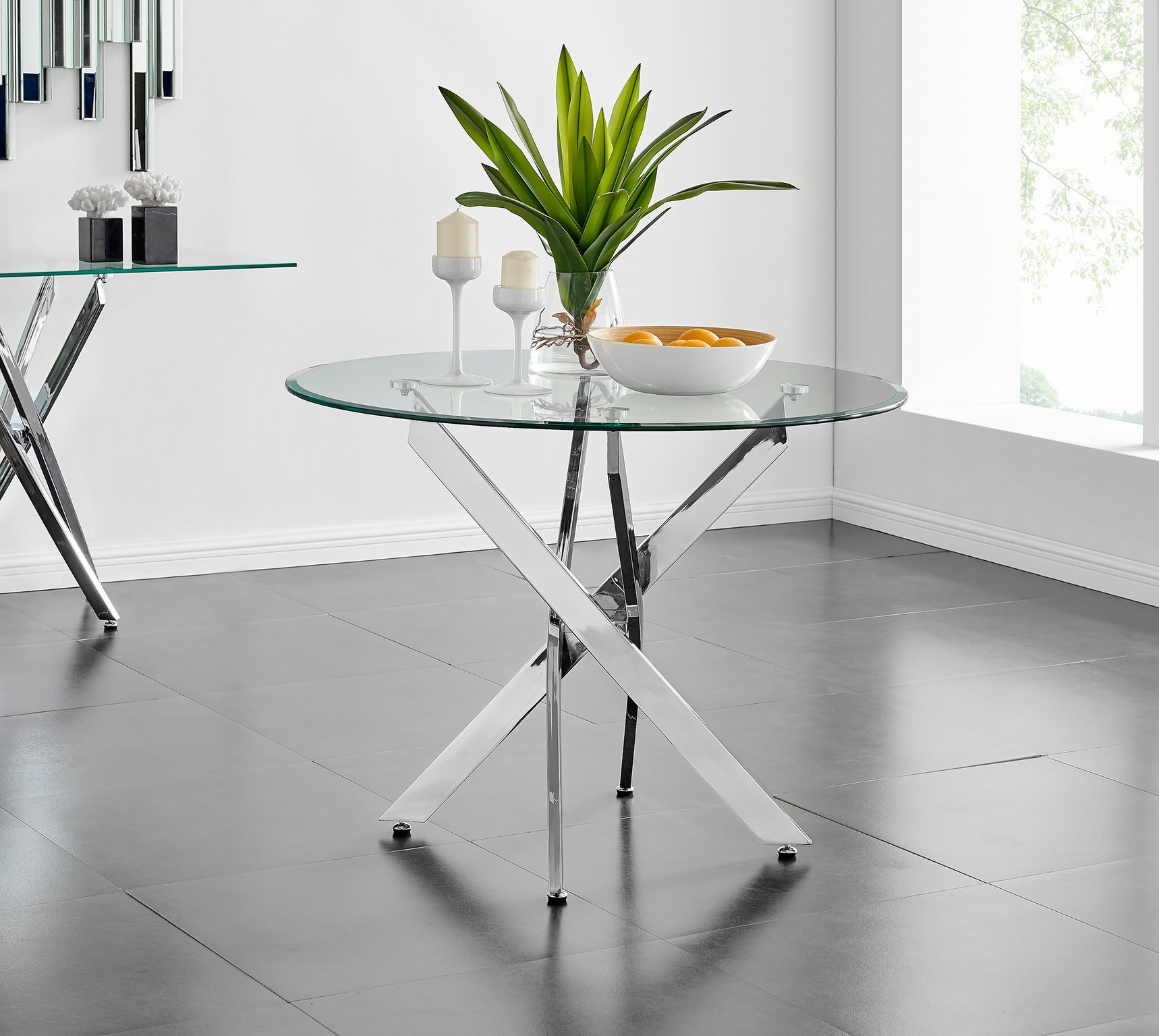 NOVARA Chrome Round Glass Dining Table and 4 Milan Faux Leather Dining Chairs - Picture 12 of 70