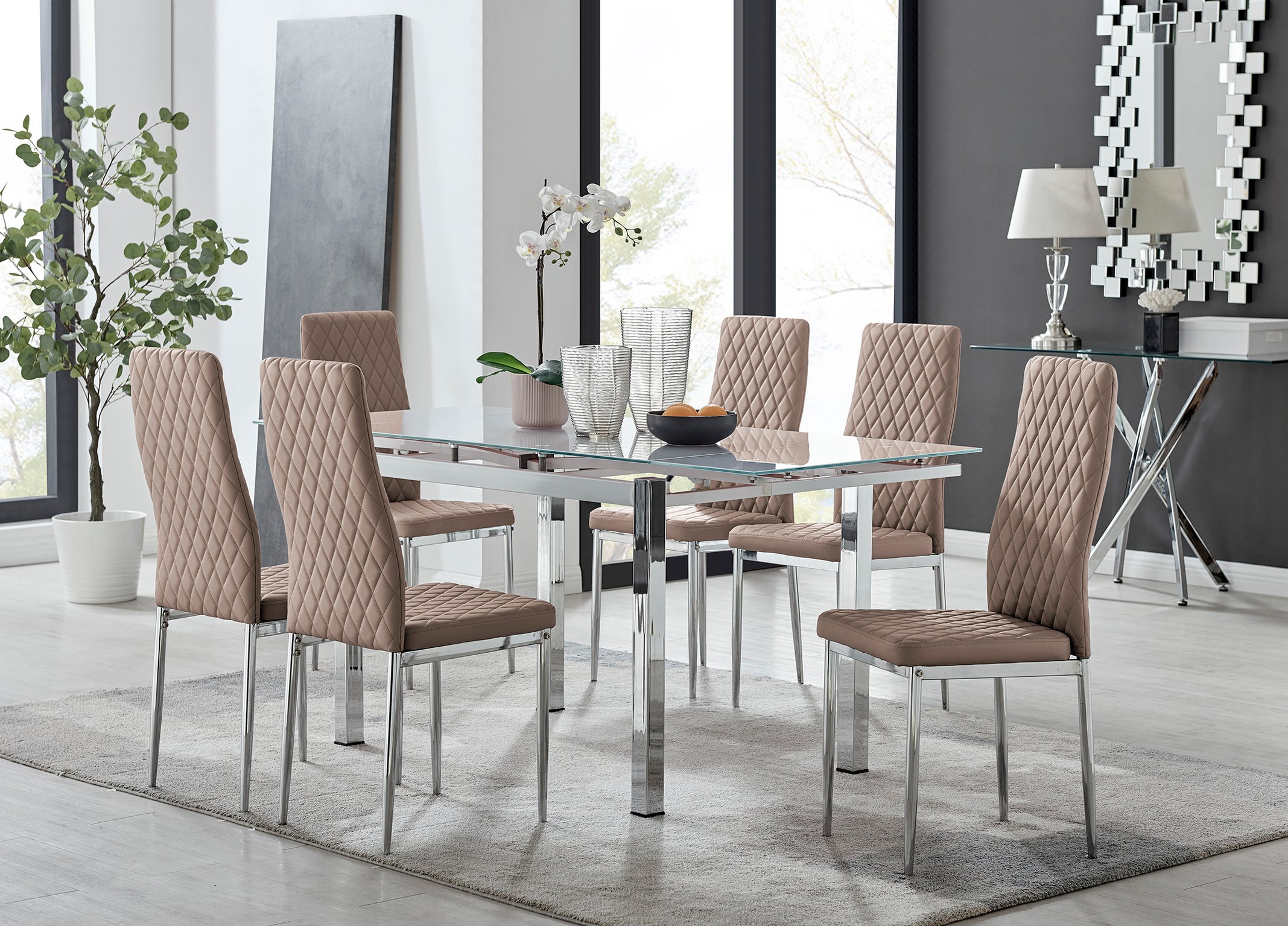 extending glass dining table and 6 chairs