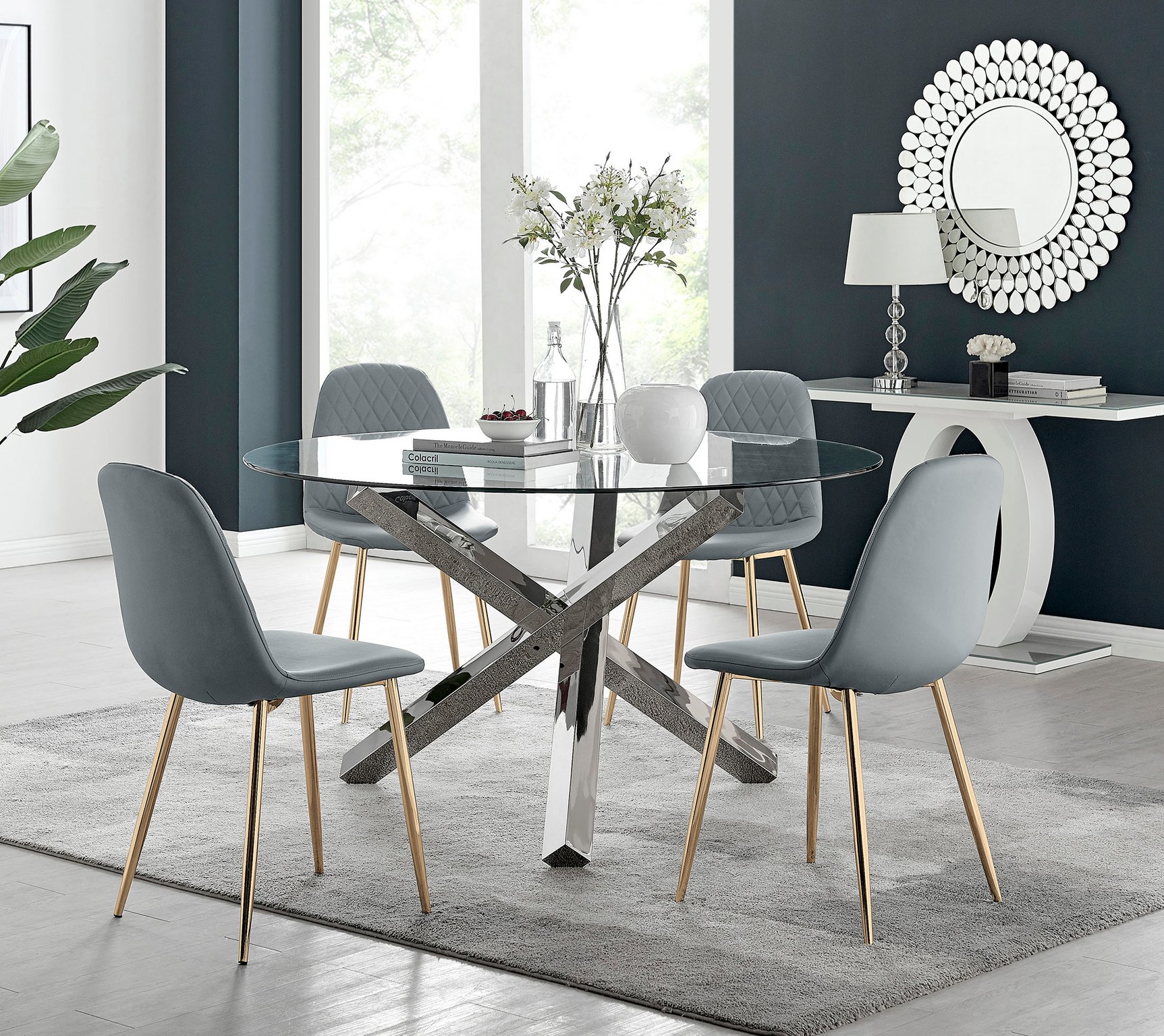 VOGUE Large Round Glass and Chrome Dining Table & 4 Corona Faux Chairs - Picture 95 of 154