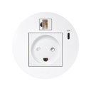 Kit Flash 90 formado por base eléctrica modular danesa, cargador USB tipo C de 20W, conector RJ45 categoría 6 UTP hembra-hembra con clipaje Keystone blanco Simon K45
